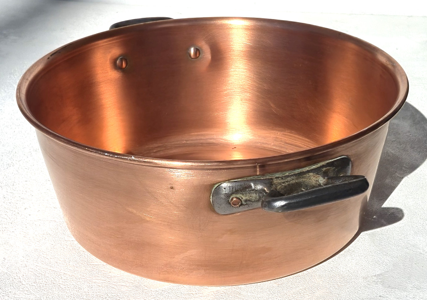 Vintage 10.8inch French Copper Jam Pan Iron Handles Rounded Rim 2.6lbs Gift Idea
