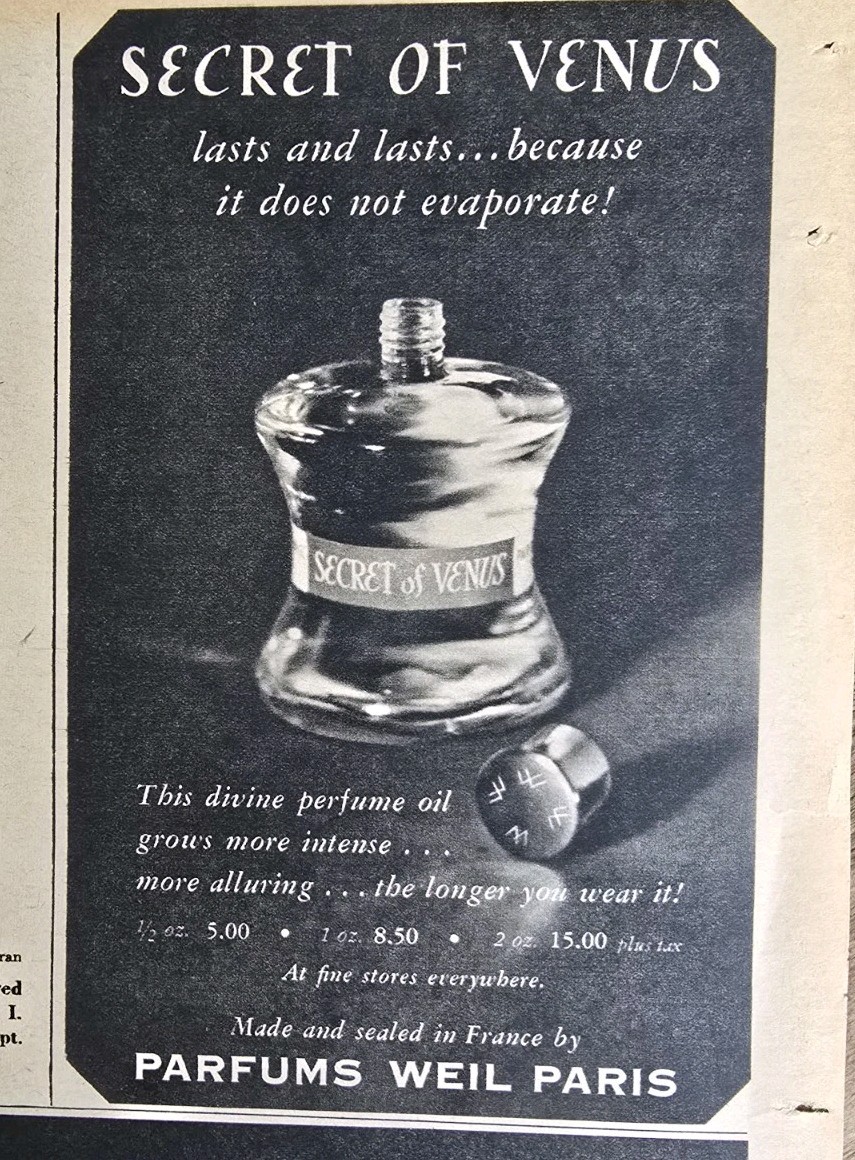 1963 Parfums Weil Paris Perfume Bottle Secret of Venus Vintage ad