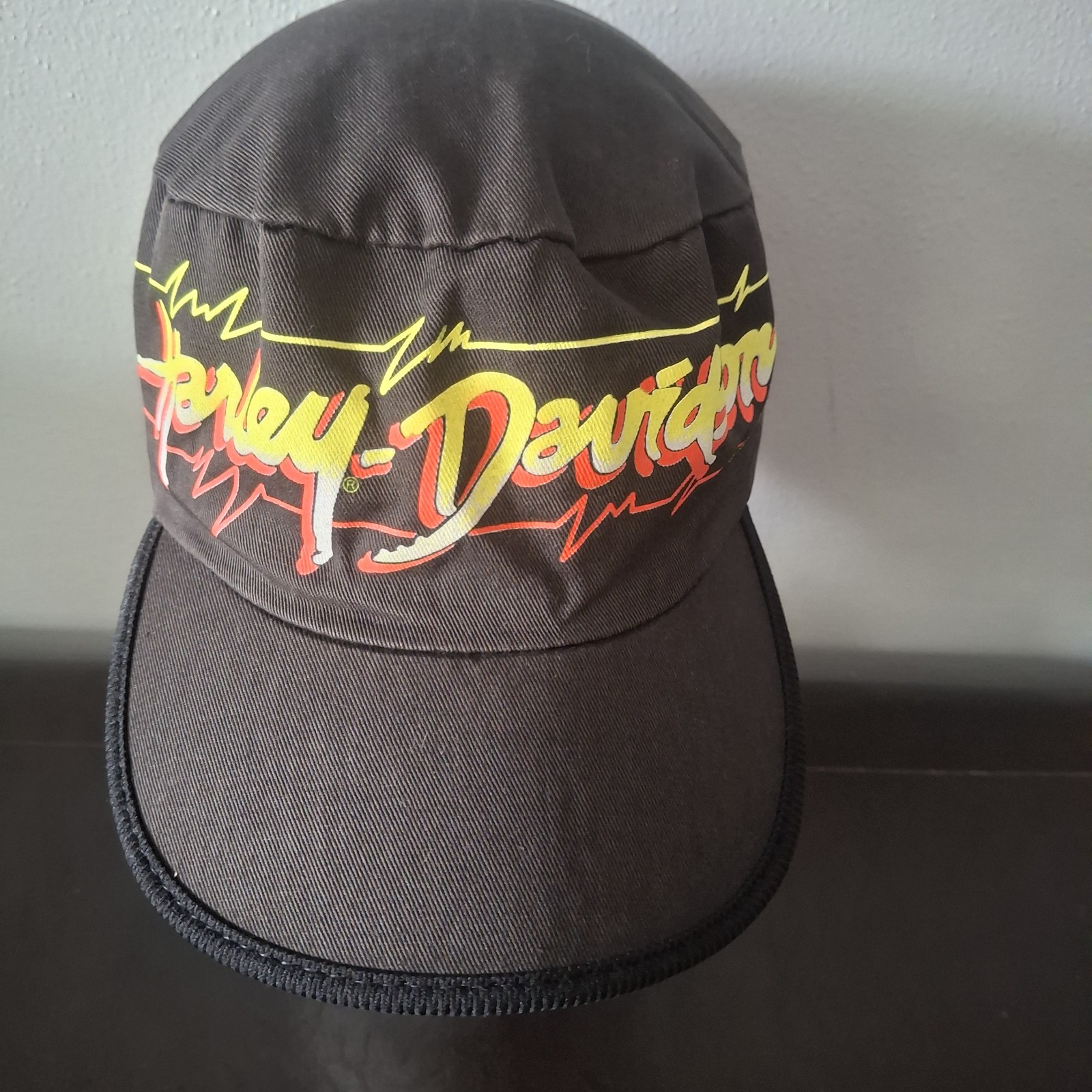 Vintage 1980 Harley Davidson Painters Elastic Hat - Neon Electric Script - Small Vintage 1980 Harley Davidson Painters Elastic Hat - Neon Electric Script - Small