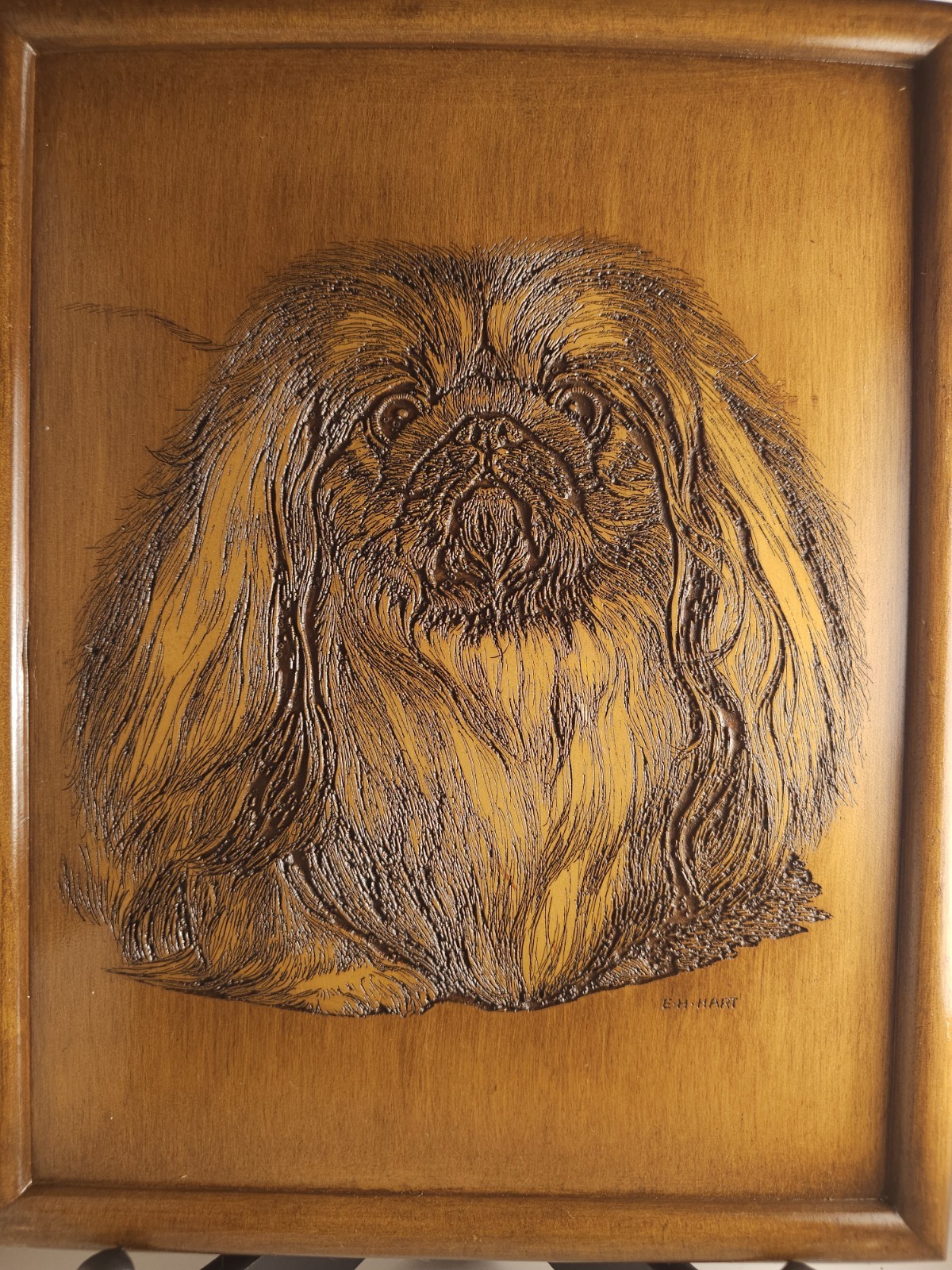 Vintage E. M. Hart Carved Wood Pekingese Dog Wall Plaque Plaque Art 12.5\