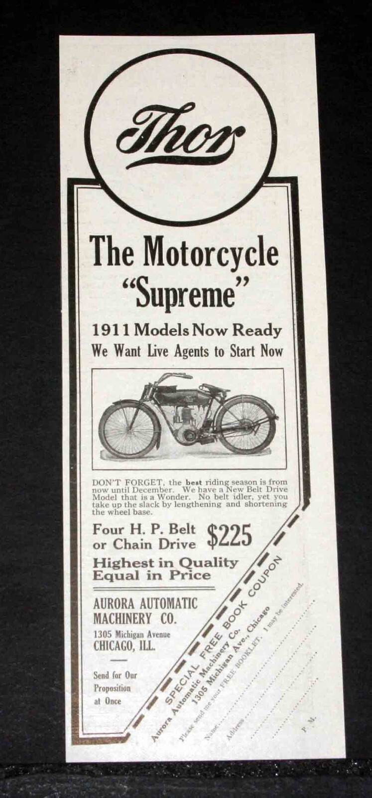 1910 OLD MAGAZINE PRINT AD, 1911 THOR, THE MOTORCYCLE SUPREME, 4 HP CHAIN DRIVE