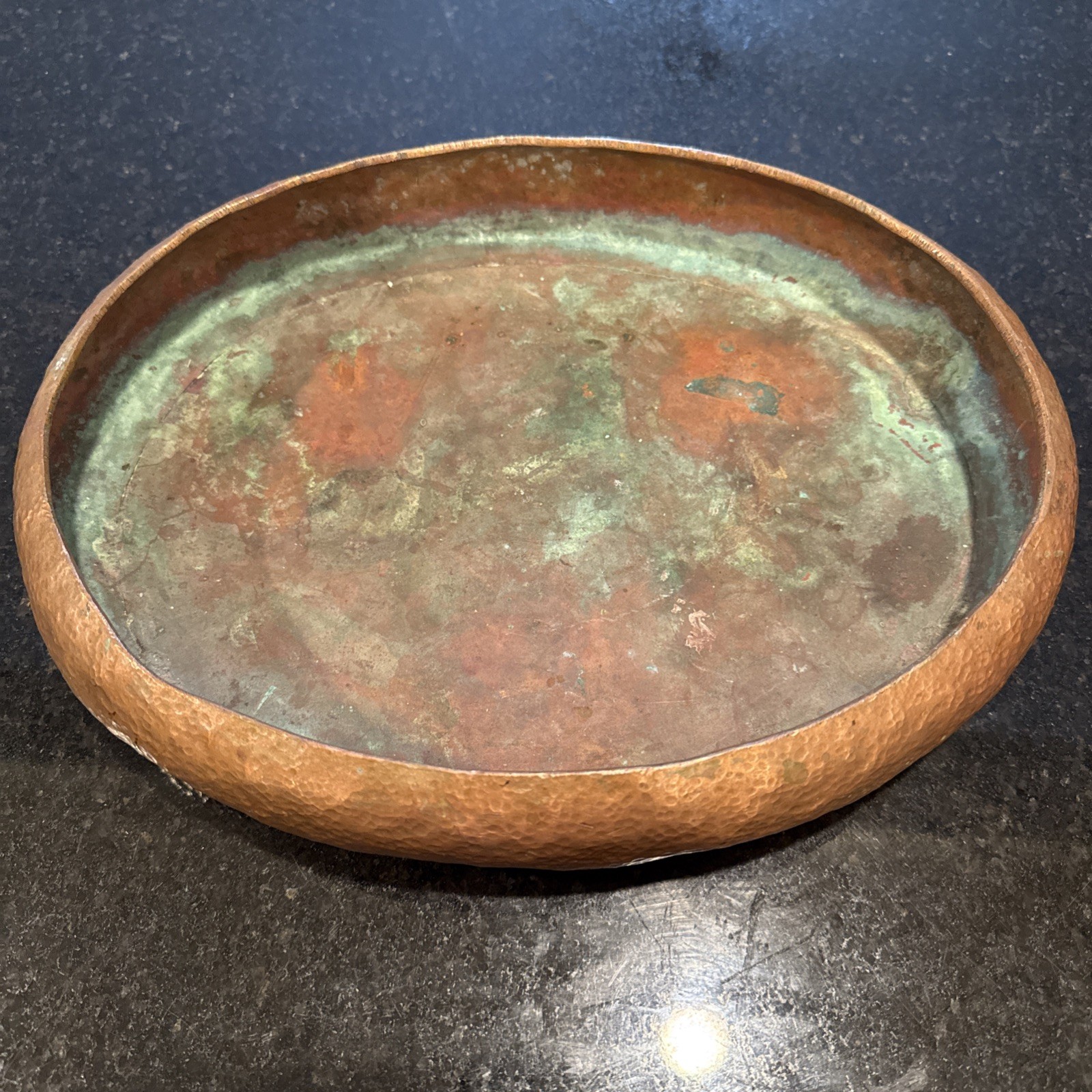 Vintage Hammered Copper Bowl with a Rustic Green Verdigris Patina 12”x9”x 2.5”