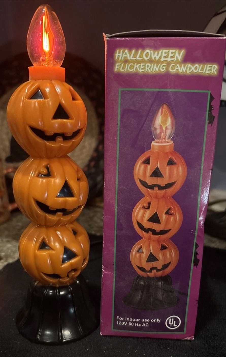 Vintage1990’s Stacked Pumpkin Electric Flickering Candlestick Halloween NIB