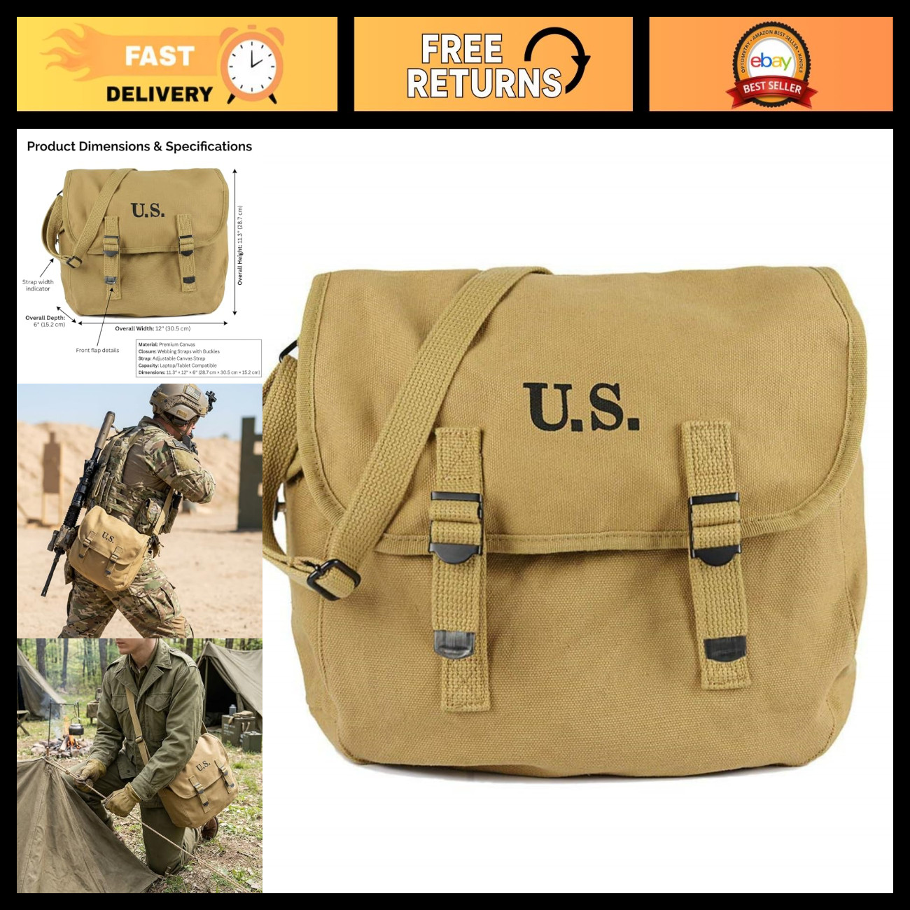 Vintage WWII Canvas Messenger Bag - Lightweight Military Satchel, Tactical Cross