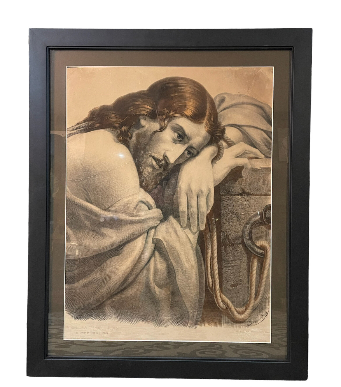 Antique 19th C Jesus Christ Lithograph Neraudau “Christ Locked Up In Courtroom”