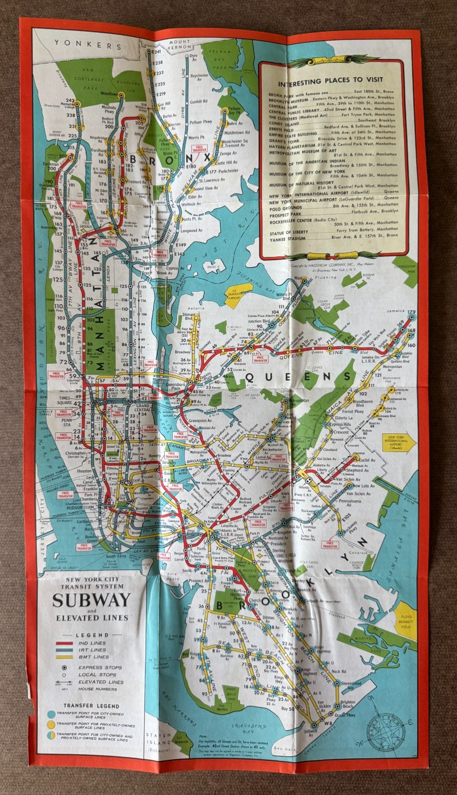 1952 New York City NYC Subway & Elevated Lines Map Elks Convention Telephone Co