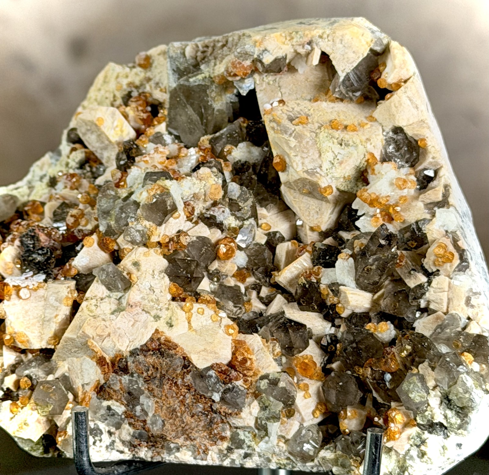 Fanta Spessartine Garnet Cluster - Smoky Quartz & Feldspar Matrix - 253g Disp...