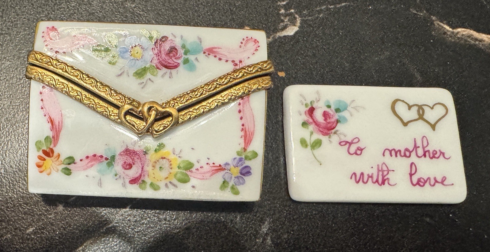 NWOB Limoges Mothers Day JOINING HEARTS Envelope Trinket Box Vintage Peint Main