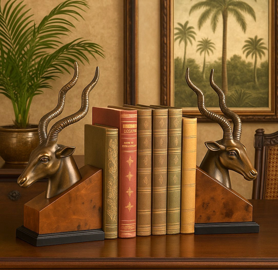 Vintage bronze kudu antelope head bookends mid century modern safari decor Heavy