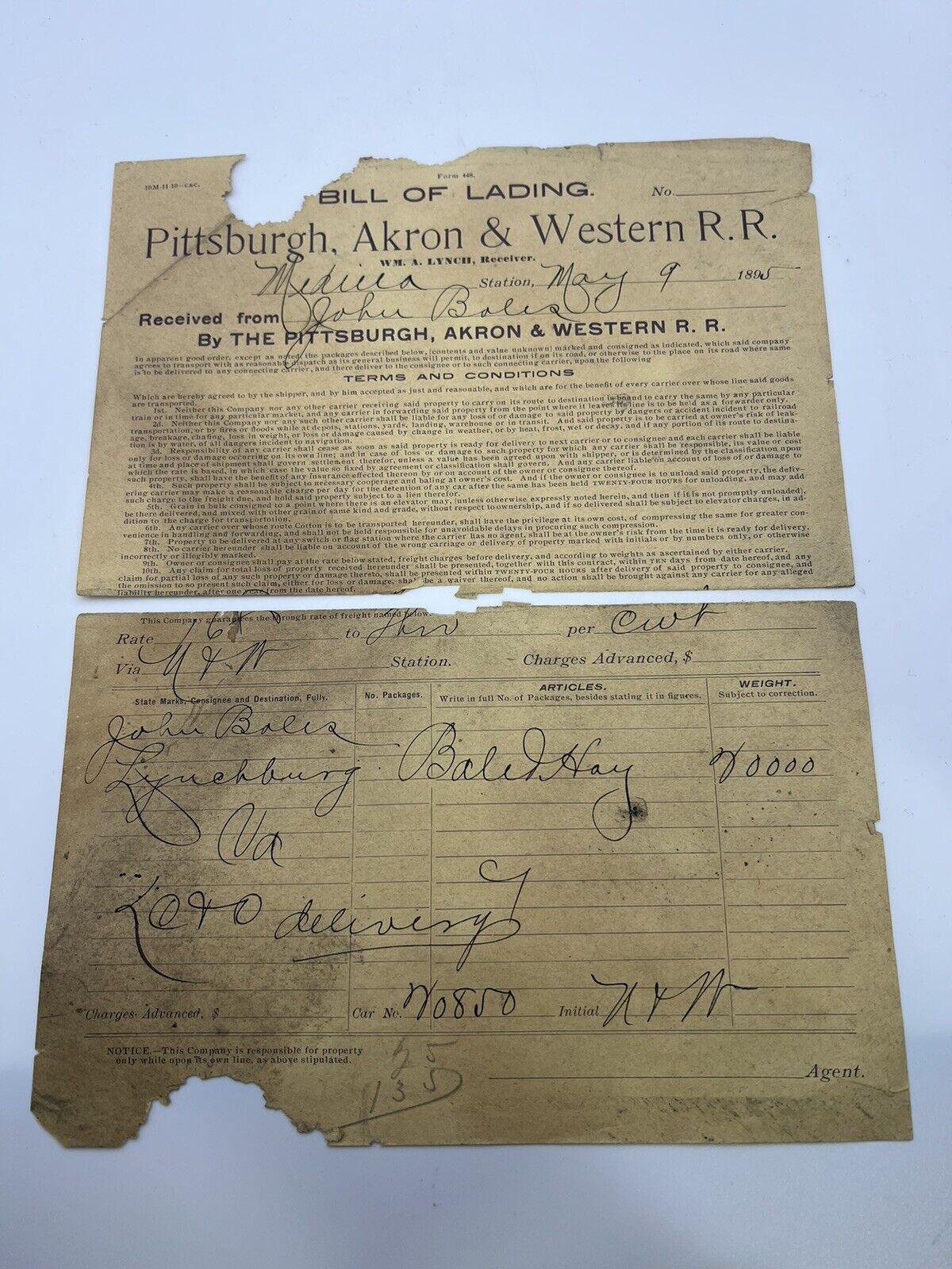 Antique 1895 Bill Of Lading Pittsburg, Akron & Western Rail Road Receipt 