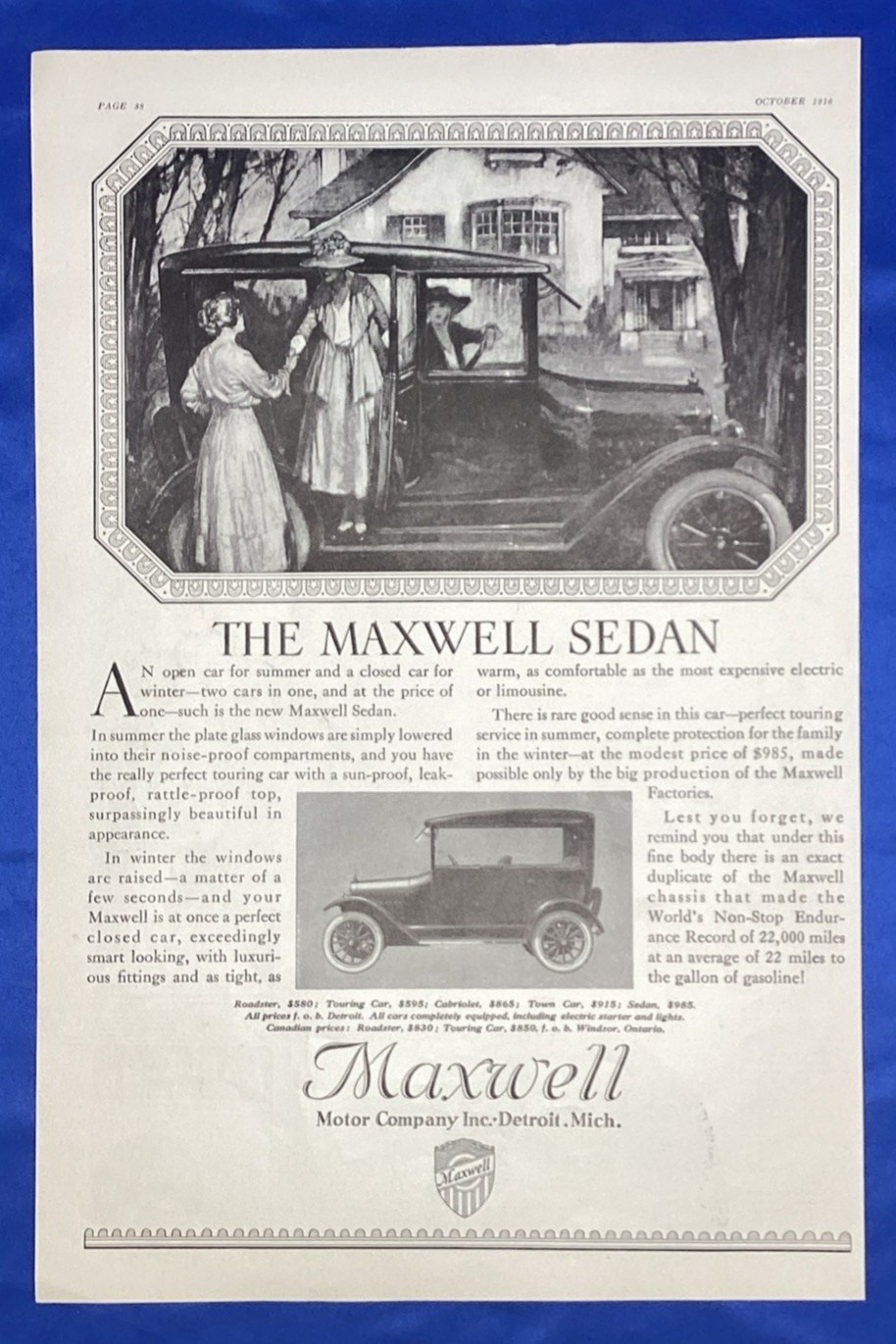 Vintage Maxwell Sedan Ad 1916, Large, Perfect To Frame