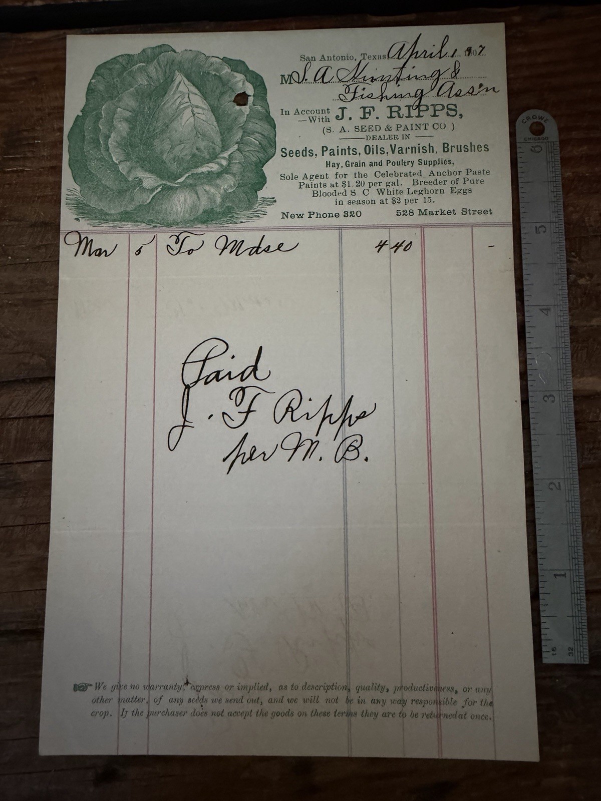1907 J F Ripps San Antonio Texas Seed Co Cabbage Advertising Billhead Antique 1907 J F Ripps San Antonio Texas Seed Co Cabbage Advertising Billhead Antique