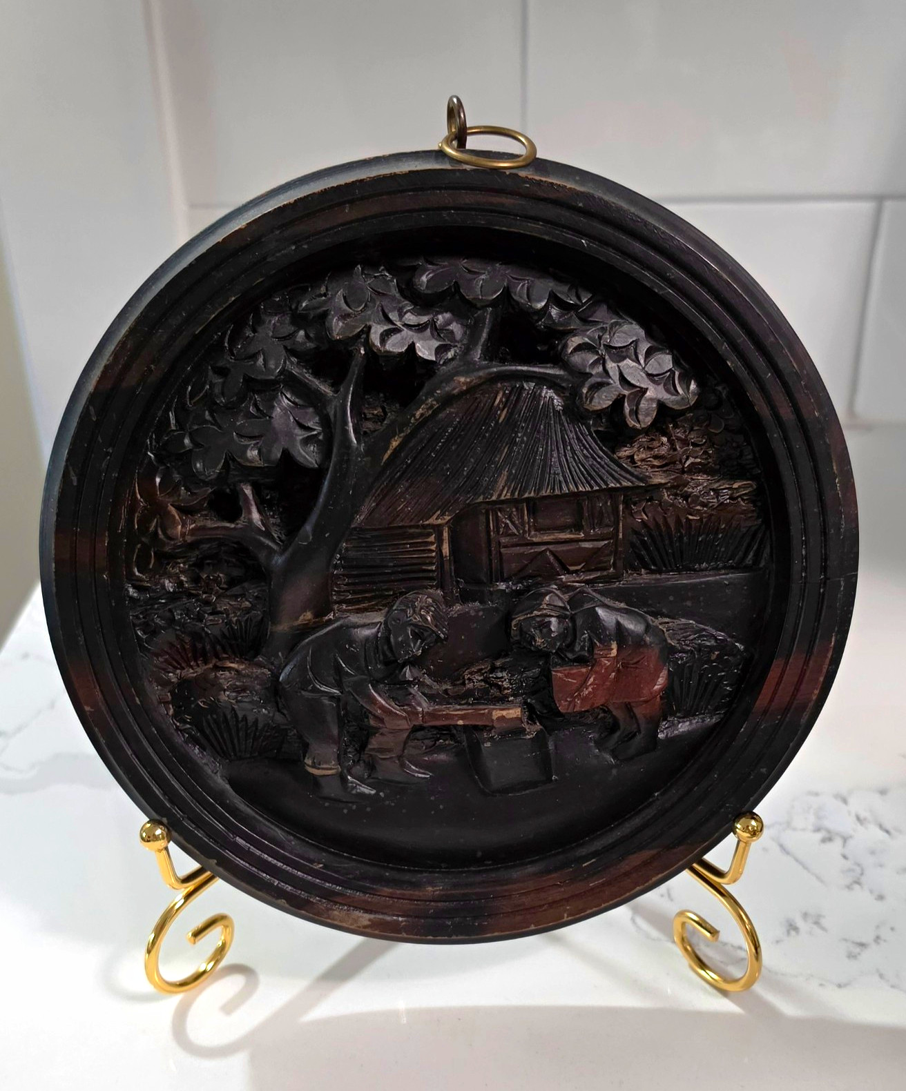 Vintage Asian Hand Carved Wood Relief Round Wall Plaque Detailed Rural Scene 8\