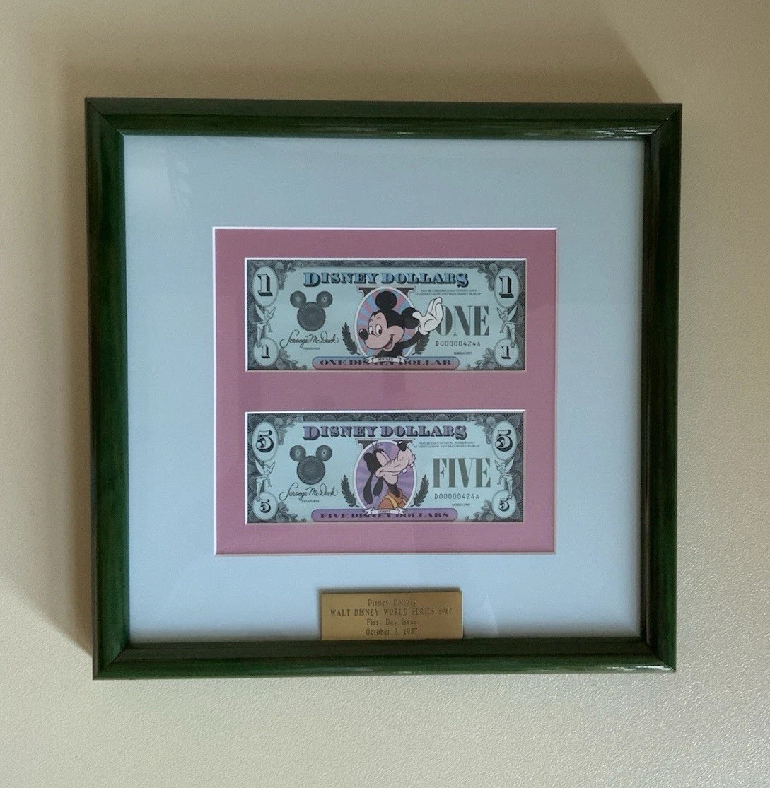 RARE 1987 Disney Dollars First Day Issue Framed $1 $5 Low Serial Mickey Goofy 