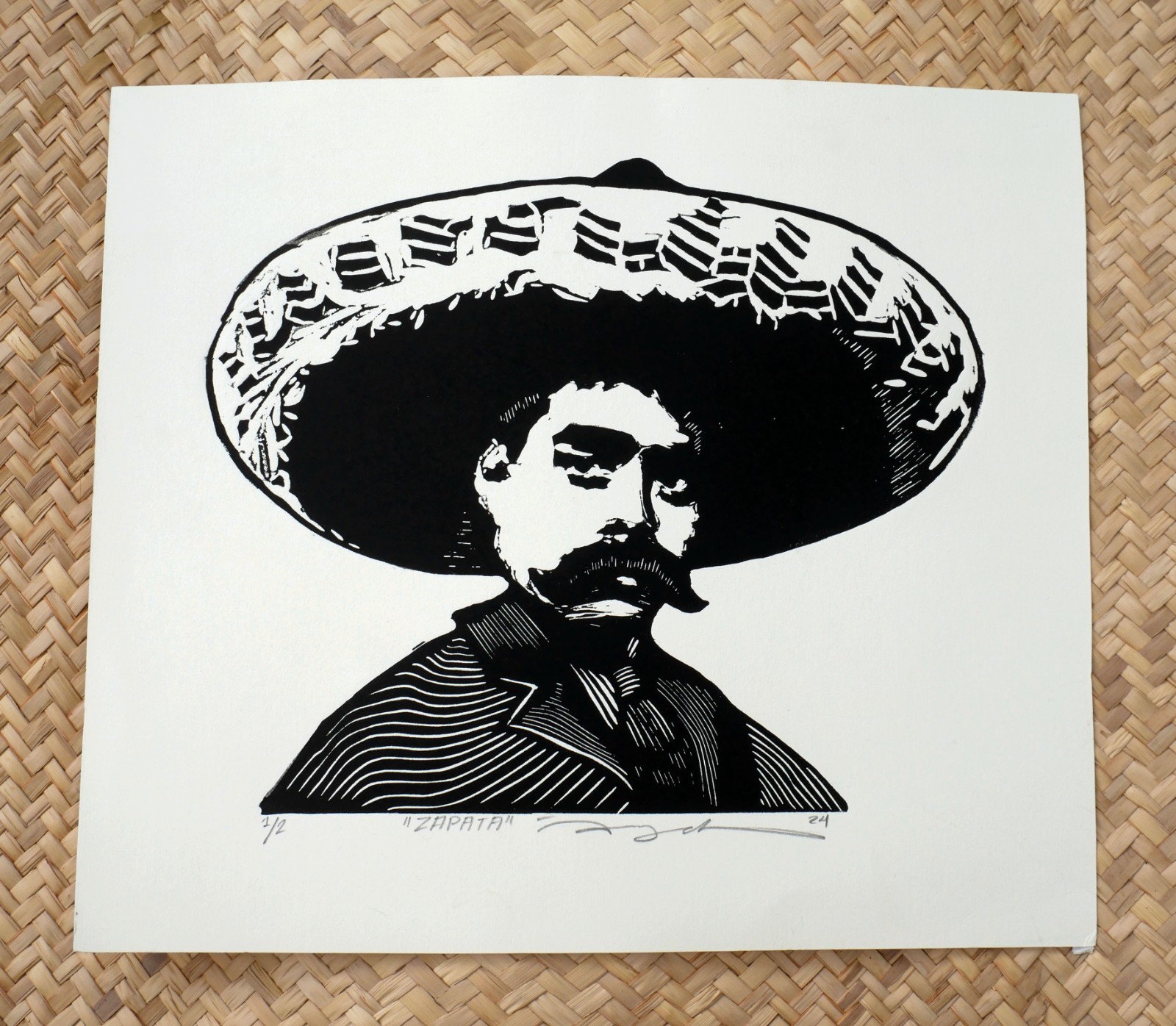 Emiliano Zapata Woodcut Print Handmade & Printed Not Framed Mexican Folk Art Lg