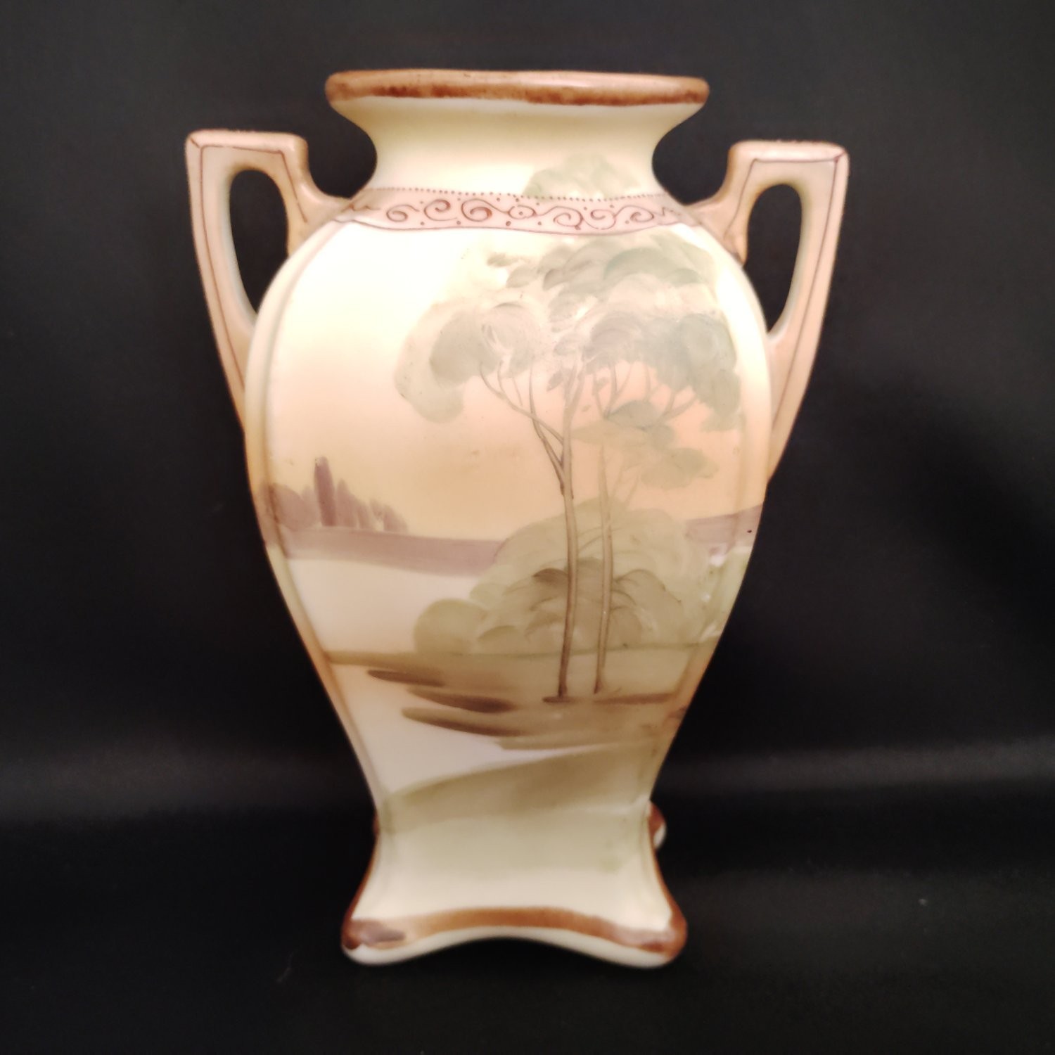 Antique Morimura Brothers Nippon Two Handled Vase Hand Painted Pastel Landscape