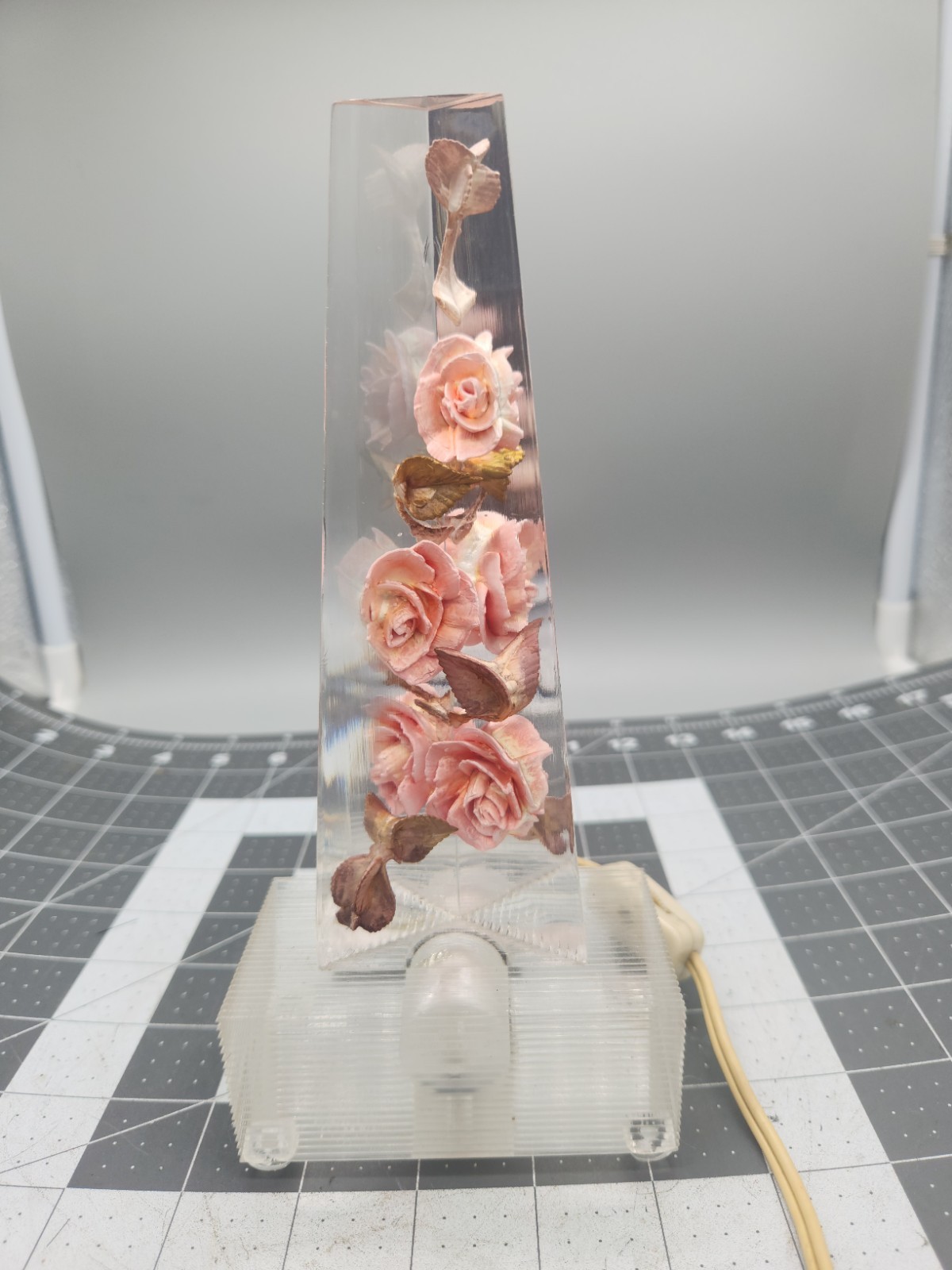 1950s - 60s Vintage Bircraft Lucite Pink Roses Lamp- WORKS 