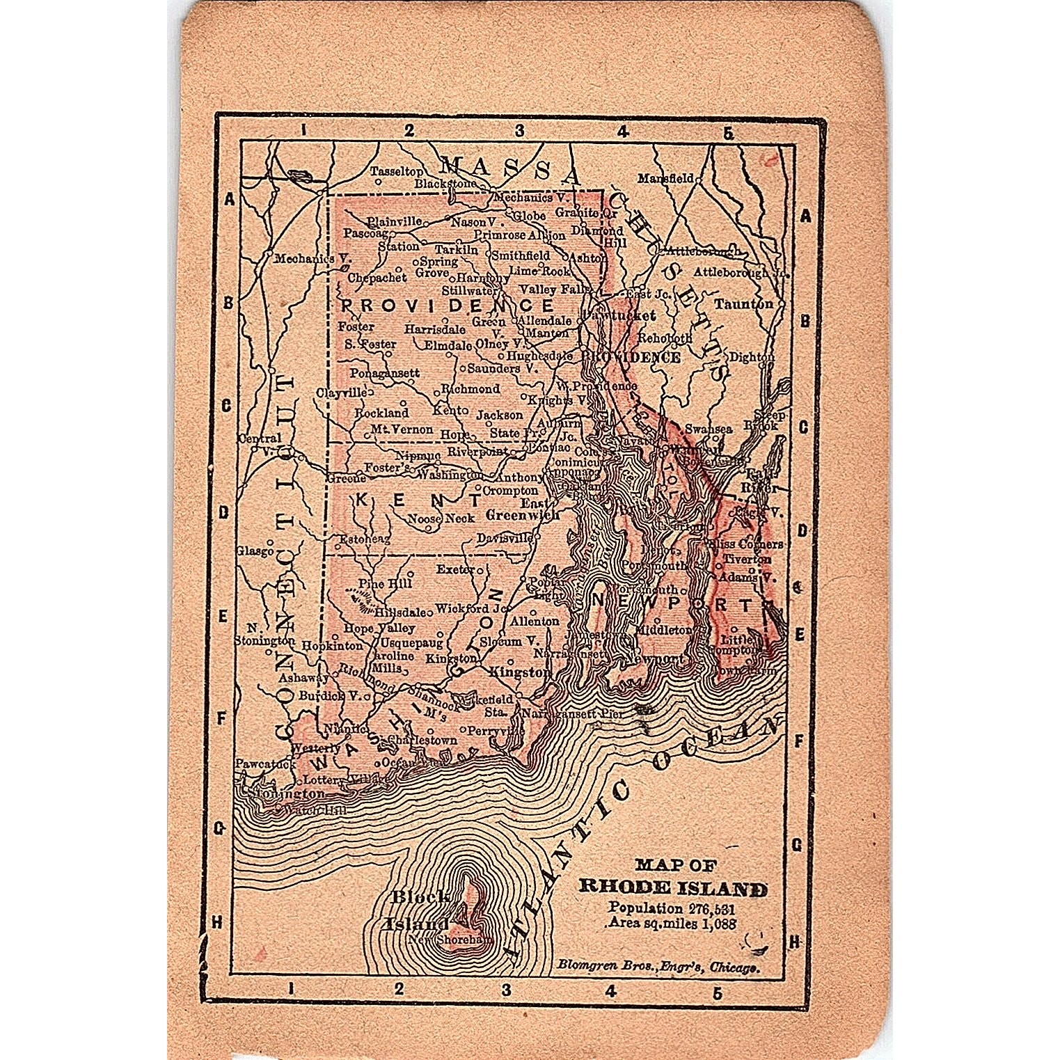 Antique 1889 Map of Rhode Island 1889 Pocket Map Engraving SAG4-H4