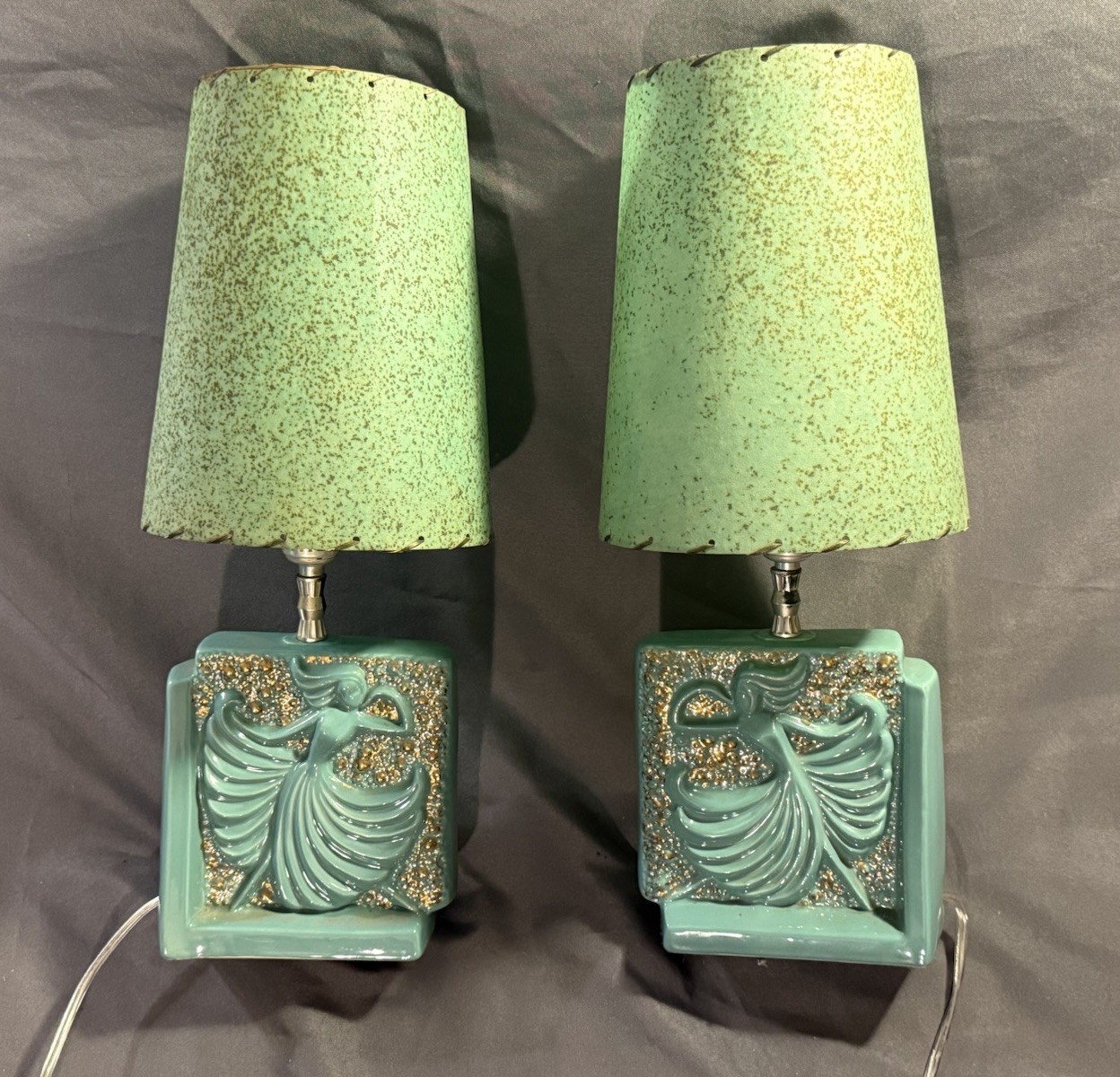 PAIR Vintage Kitschy Ceramic Dancing Lady Boudoir Lamps w/ Period Shades