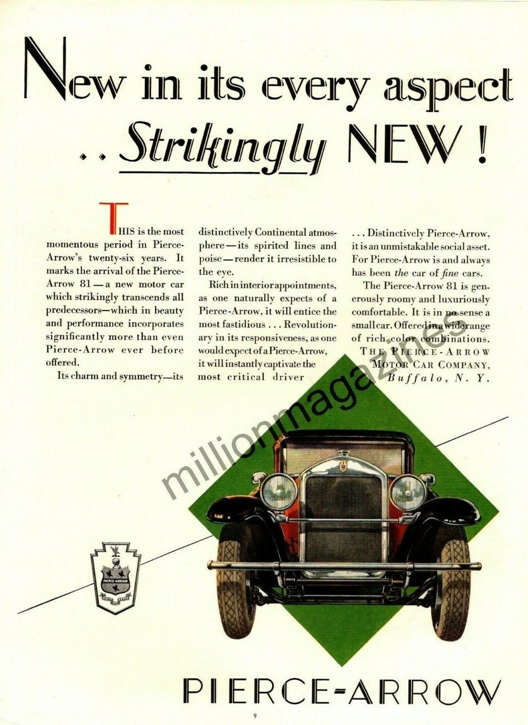 1928 Pierce Arrow Series 81 with drum headlights Original ad from Theatre. Rare