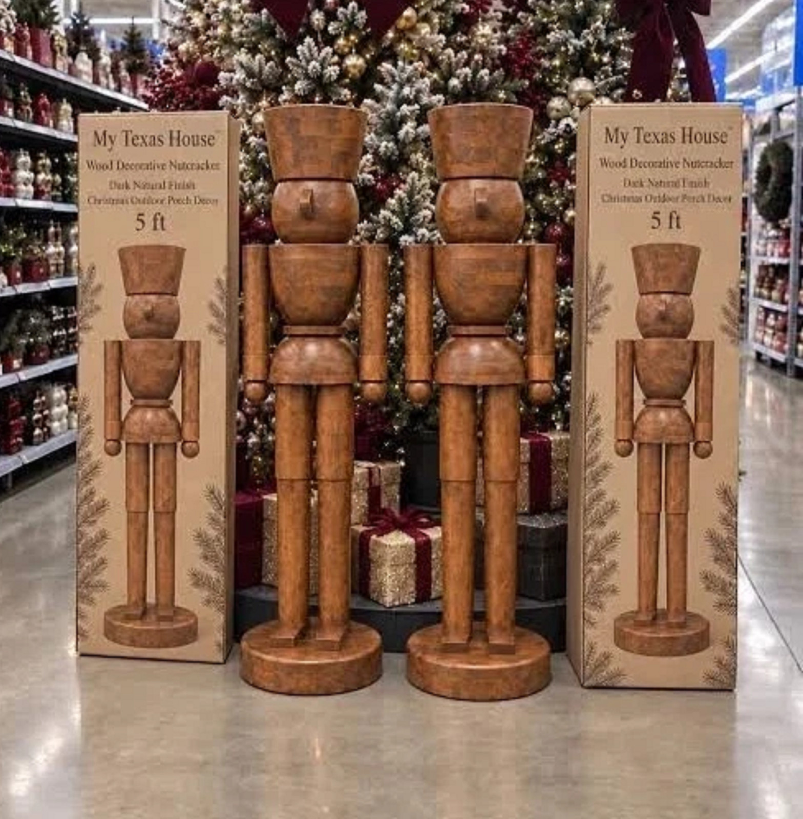 Set of 2 My Texas House 5ft Wood Decorative Nutcracker in Dark Natural Finish 