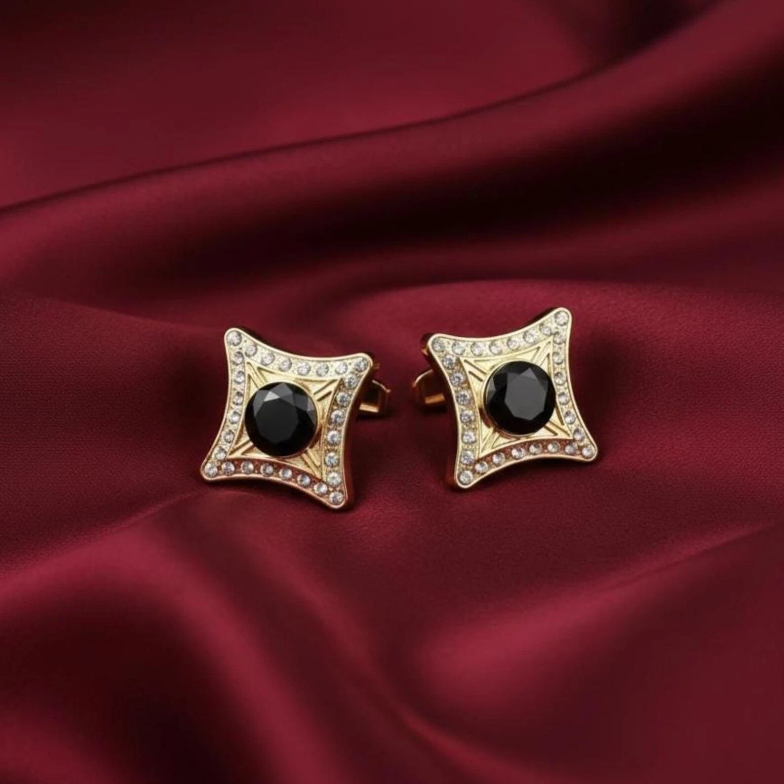 Round Black Onyx & Diamond Halo Wedding Cufflinks In 14K Yellow Gold Plated Men\'