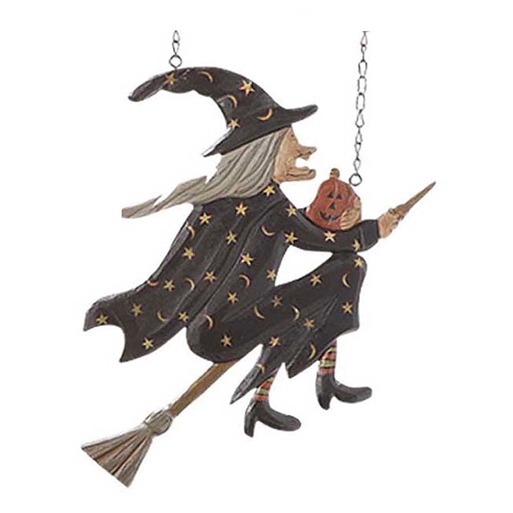 K&K Interiors Flying Witch on Broomstick Hanging Halloween Replacement Plaque fo