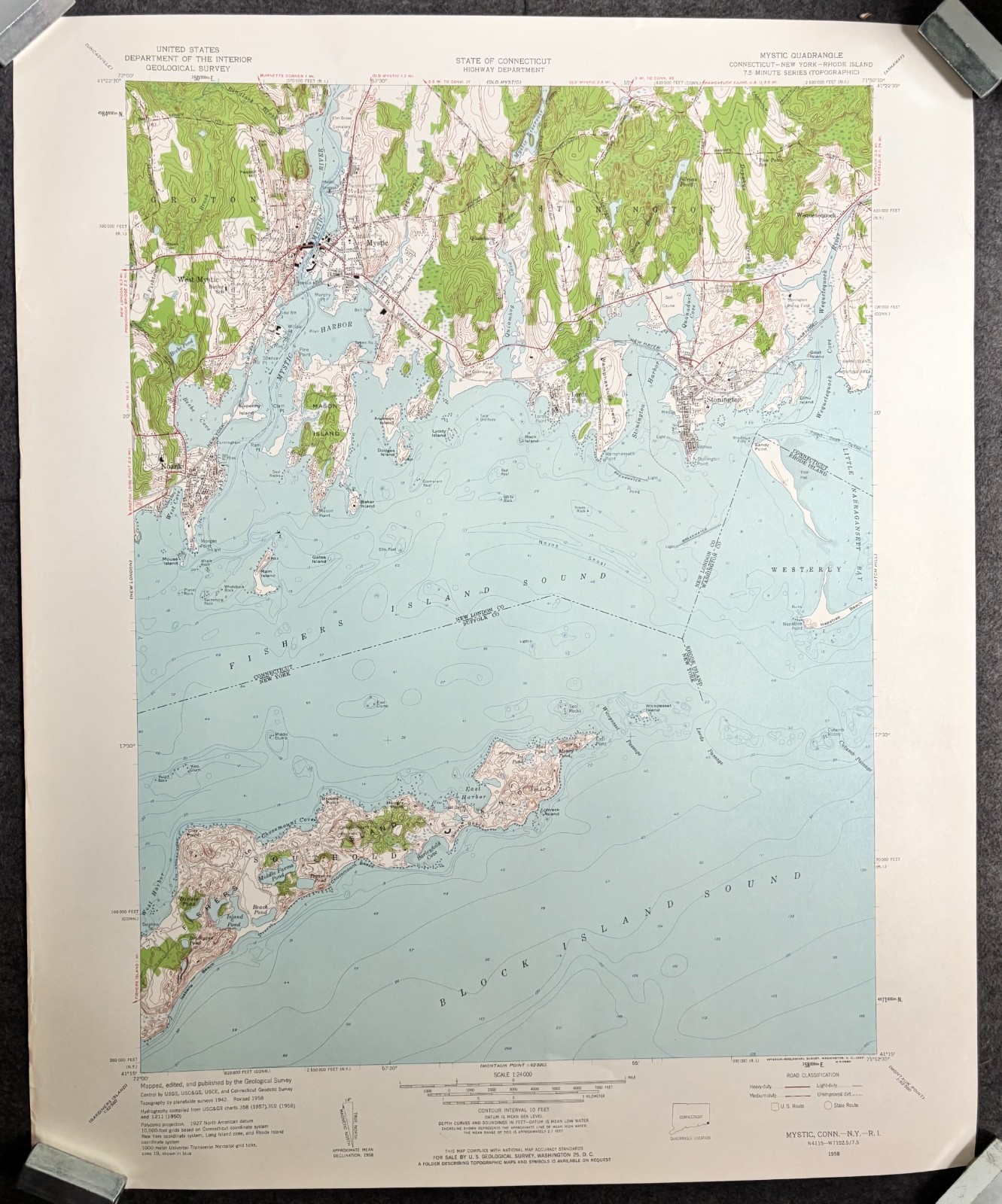 MAP FISHERS ISLAND MYSTIC CT QUADRANGLE MASONS ISLAND BLOCK ISLAND SOUND 1958