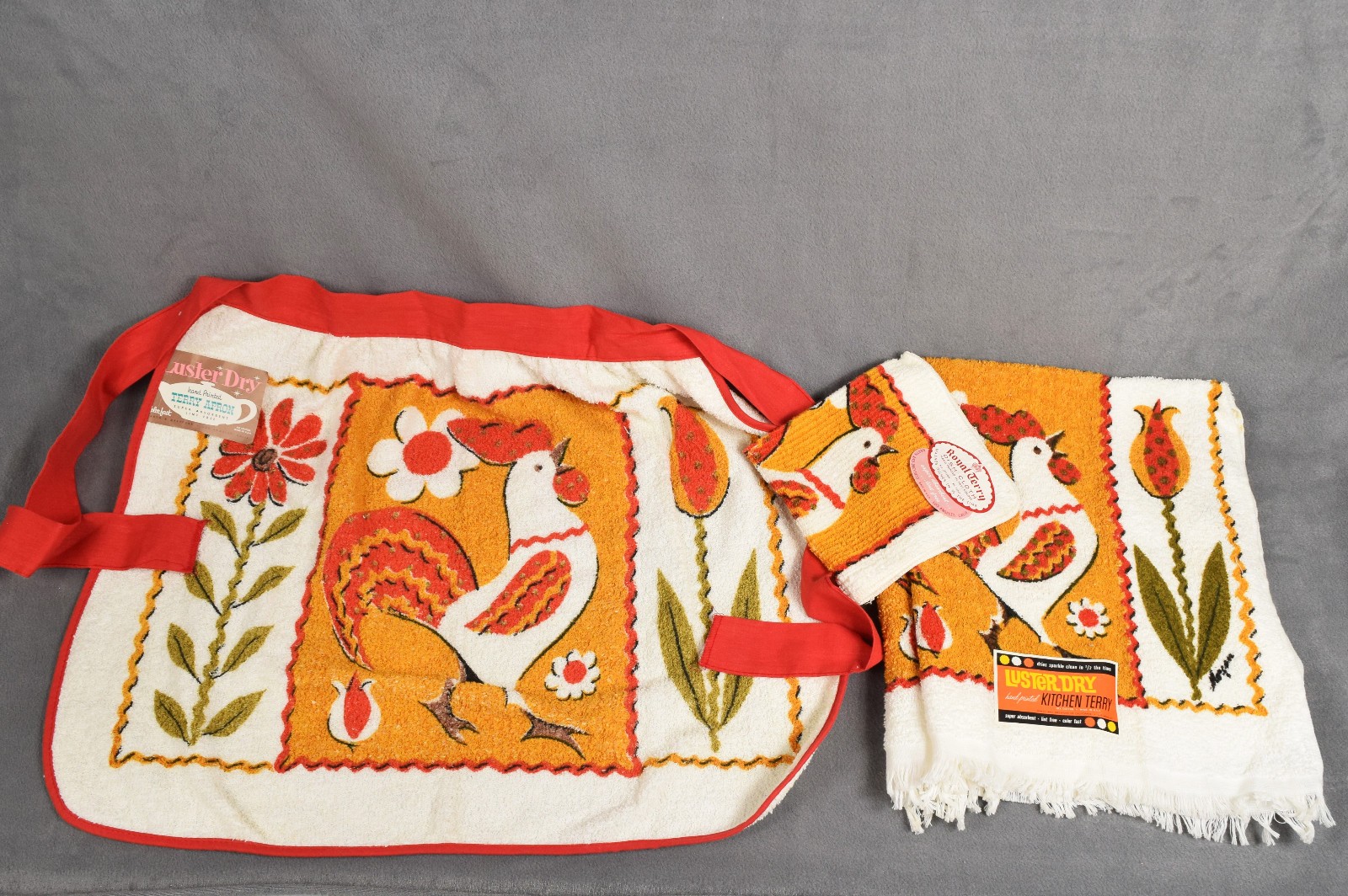 VTG SET 3 NOS ROYAL TERRY ROOSTER KITCHEN DISH TOWEL FRINGE APRON CANNON