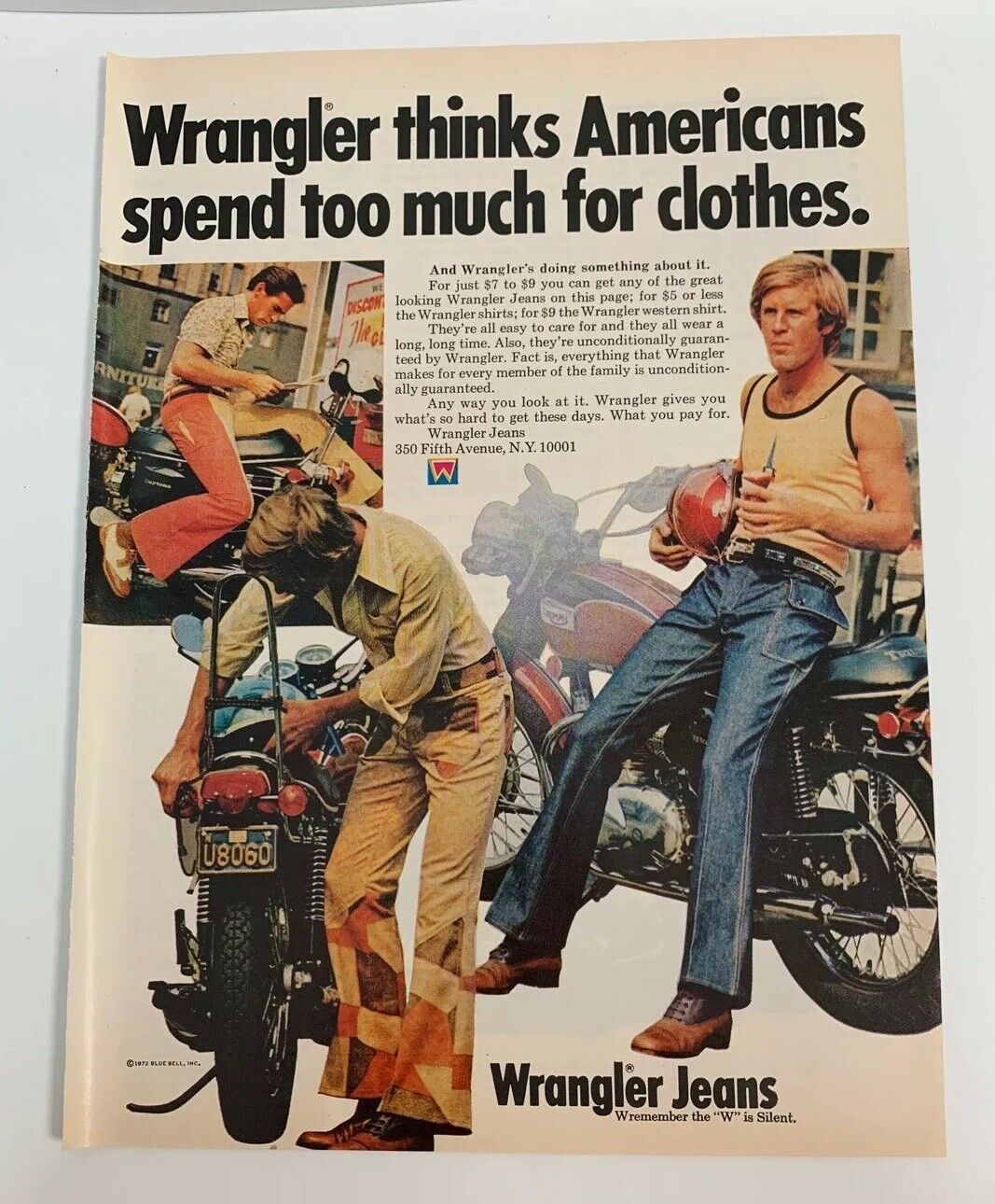 1972 Wrangler Jeans Motorcycle Biker Scene Blue Bell Color Vintage Print Ad