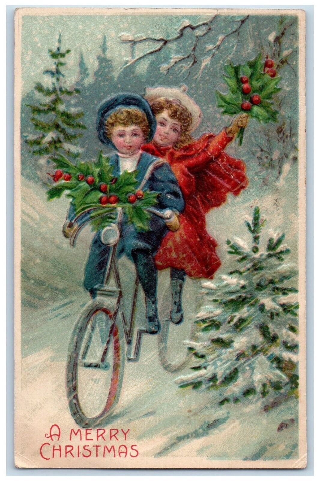 1907 Merry Christmas Children Riding Bicycle Holly Berries Embossed Postcard