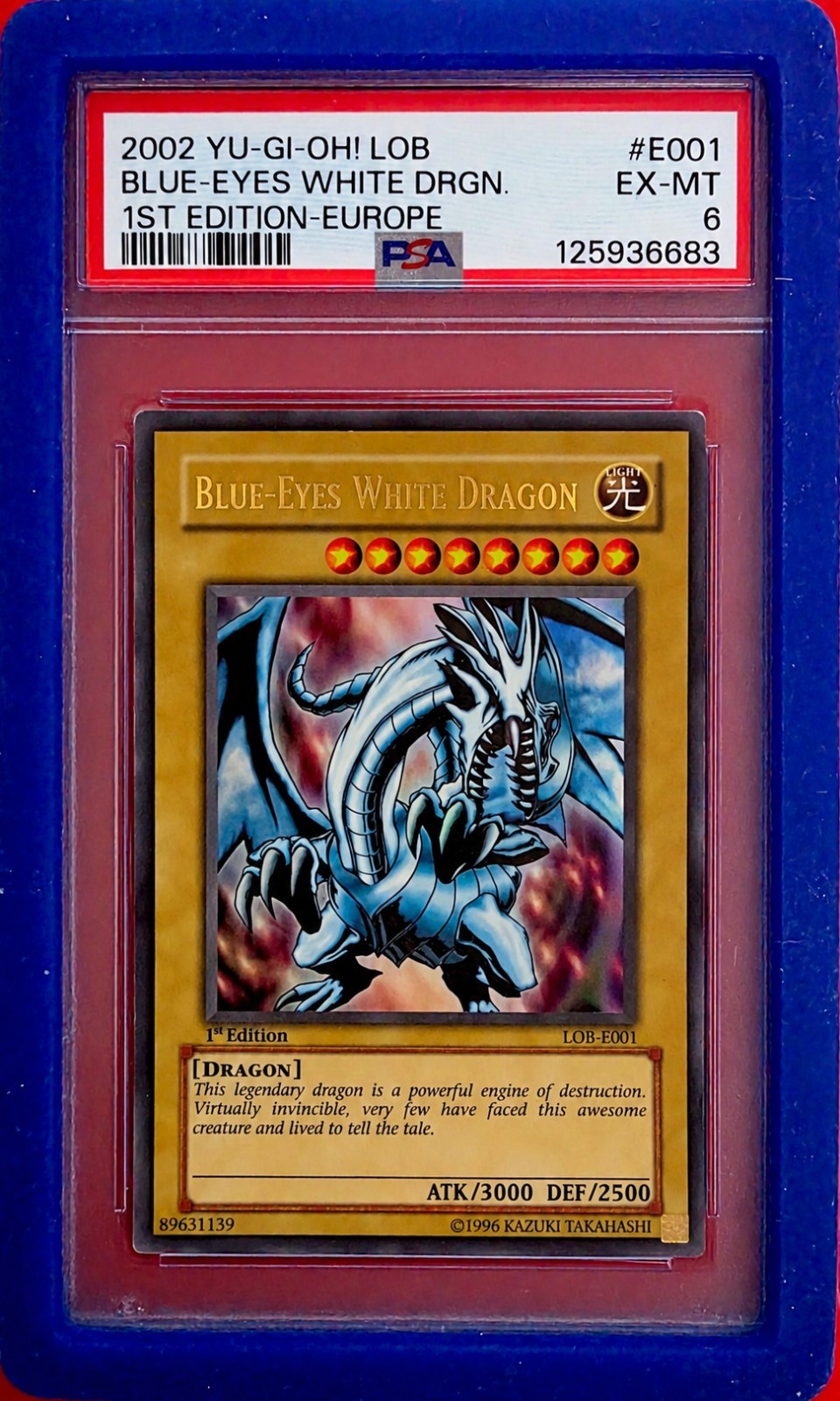 Konami Yu-Gi-Oh Blue-Eyes White Dragon LOB-E001 1st Ed Europe 2002 PSA 6