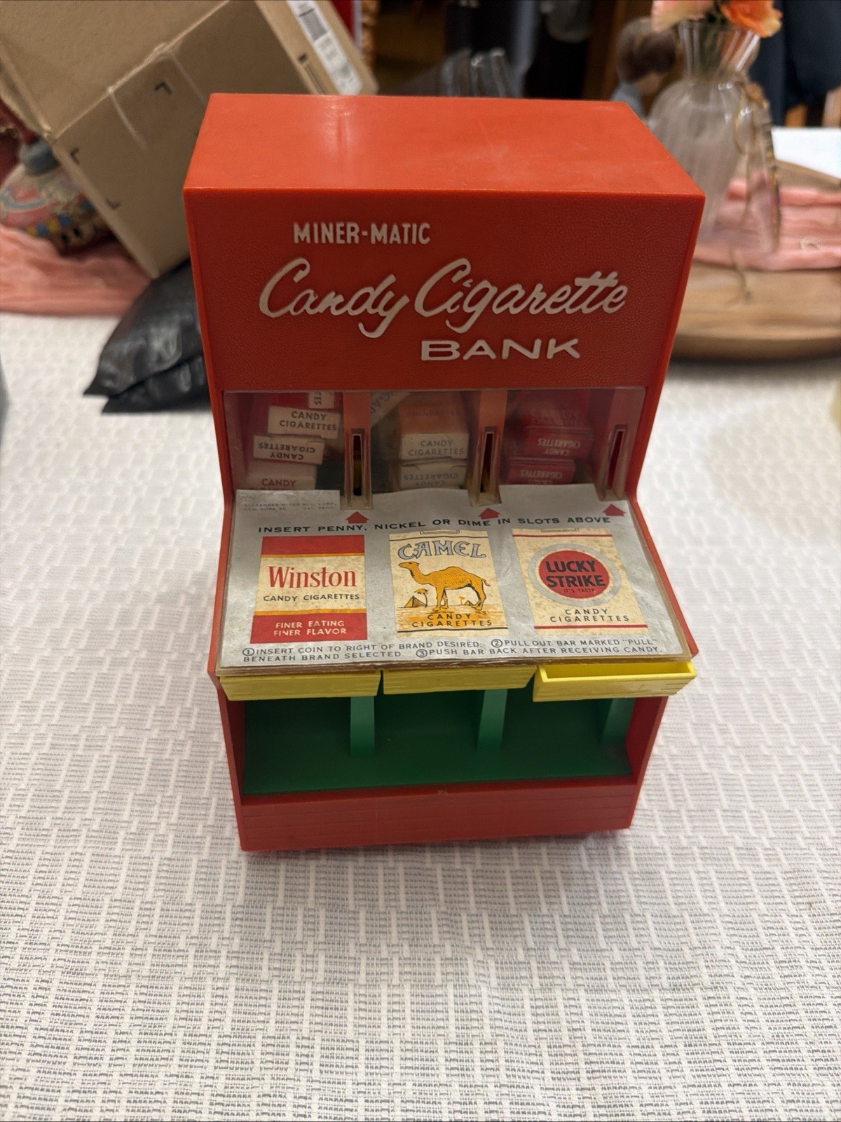 Vintage 1960s Miner-Matic Candy Cigarette Bank Toy Machine w/ 13 Candy Packs