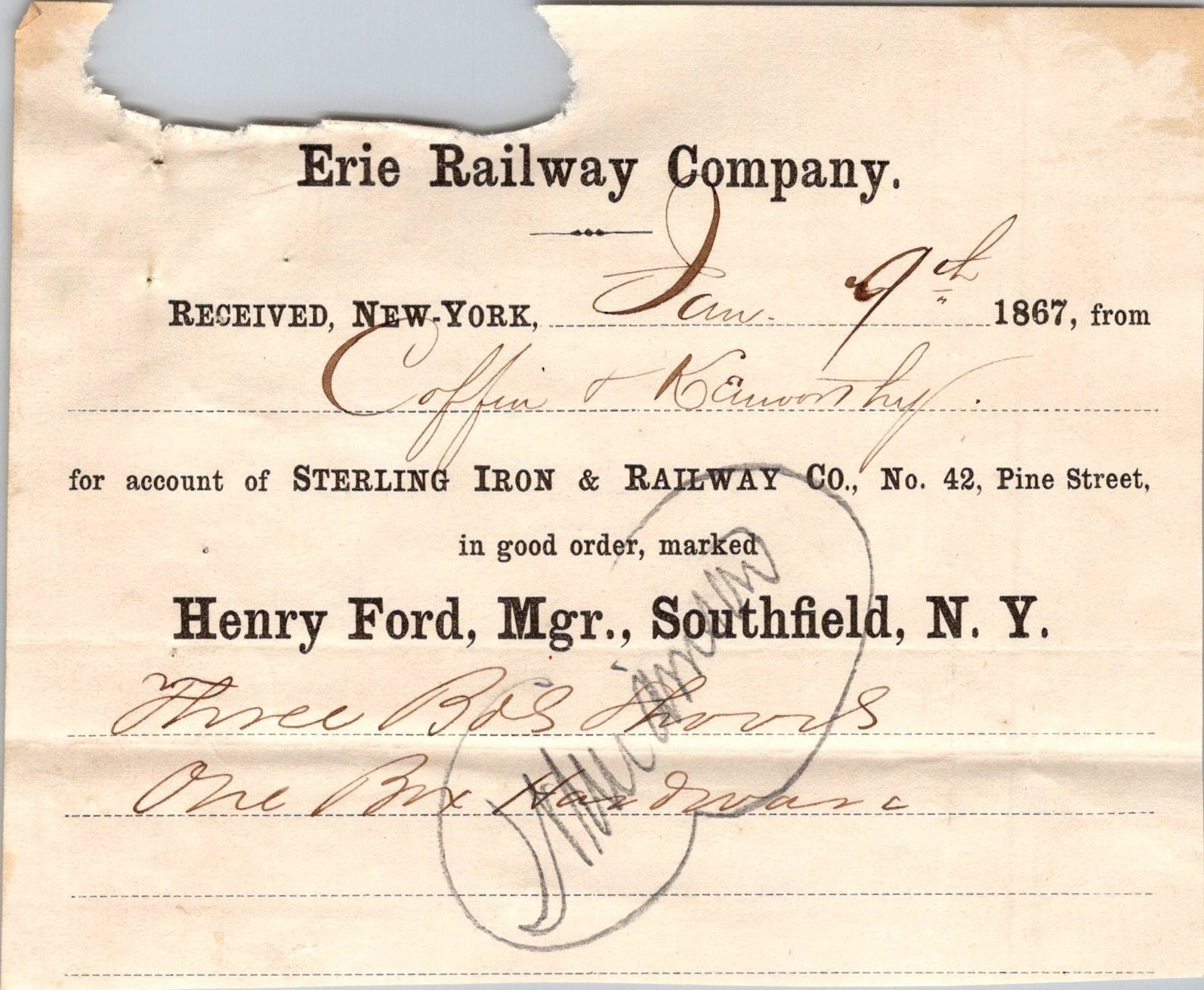 Erie Railway Co 1867 Henry Ford Southfield NY Antique Letterhead Billhead TC24