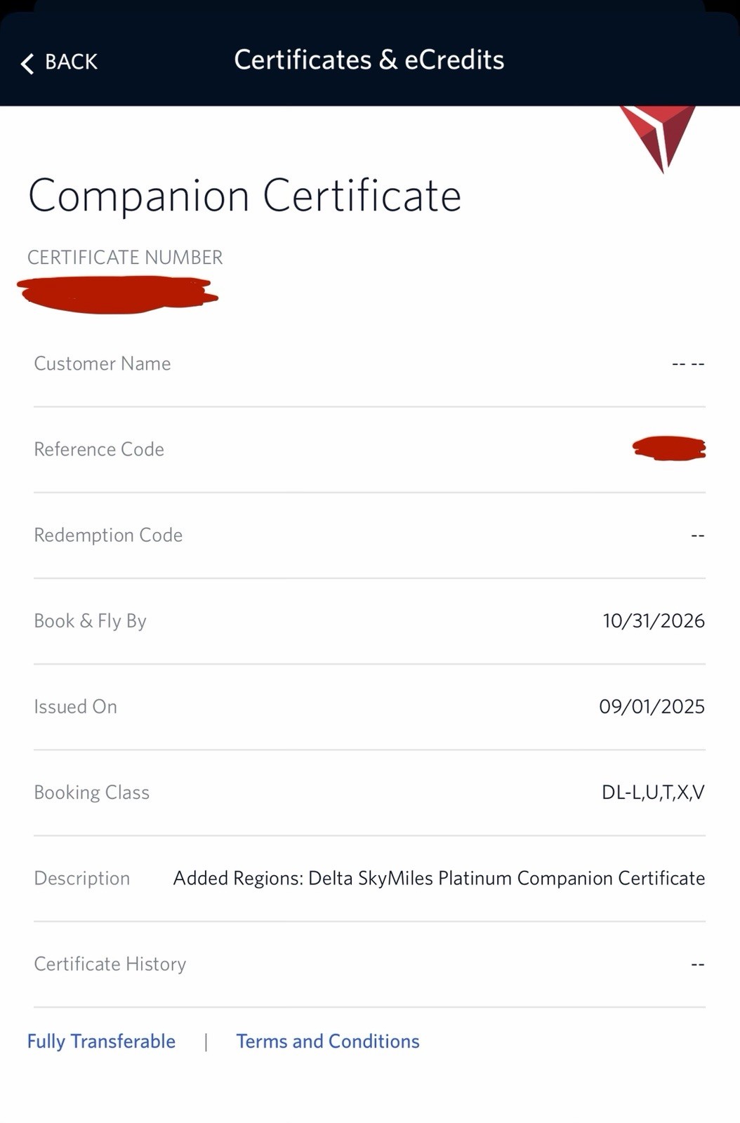 Delta Airlines Companion Certificate - Fully Transferable Valid til 10/31/2026 Delta Airlines Companion Certificate - Fully Transferable Valid til 10/31/2026