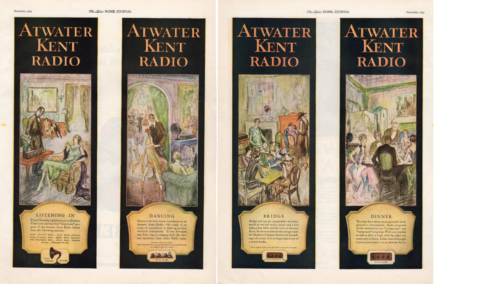 1925 Atwater Kent Radio Art Deco Living Room Entertainment Ad – 2 Page Set