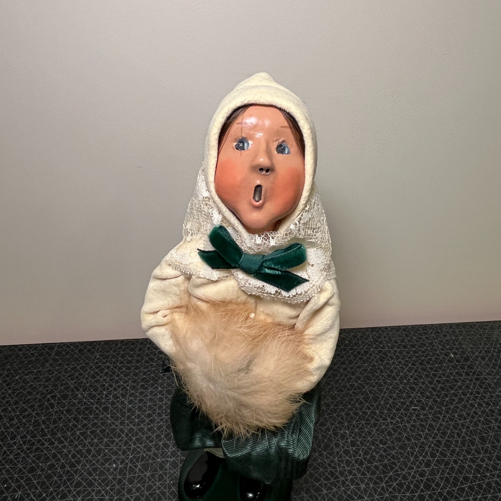 Vtg Choice Byers Carolers Girl, Blue Eyes, White Green Lace Dress, Fur muff, Bow Vtg Choice Byers Carolers Girl, Blue Eyes, White Green Lace Dress, Fur muff, Bow