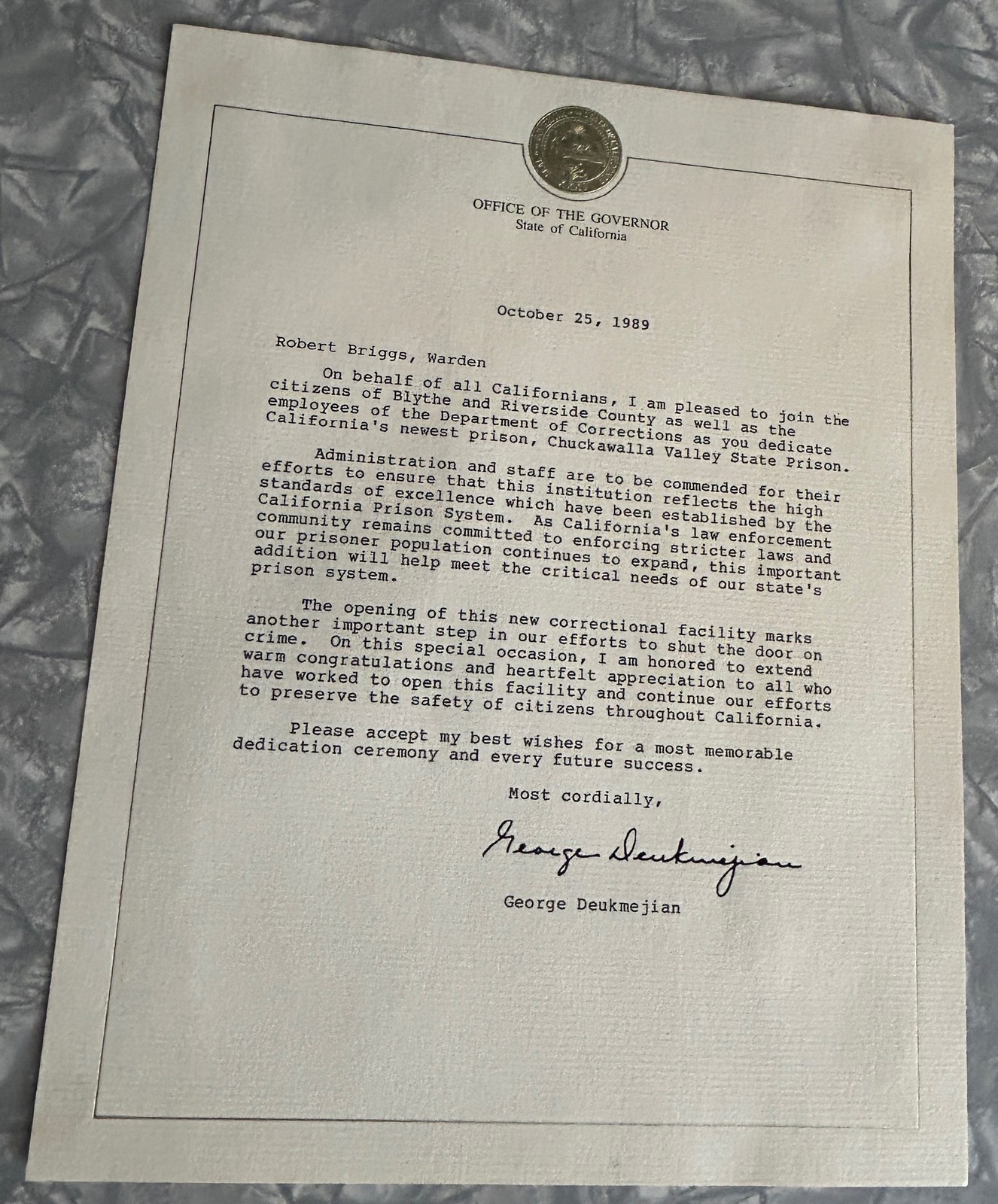 CALIFORNIA GOVERNOR DEUKMEJIAN SIGNED LETTER WARDEN OPENING CHUCKAWALLA PRISON