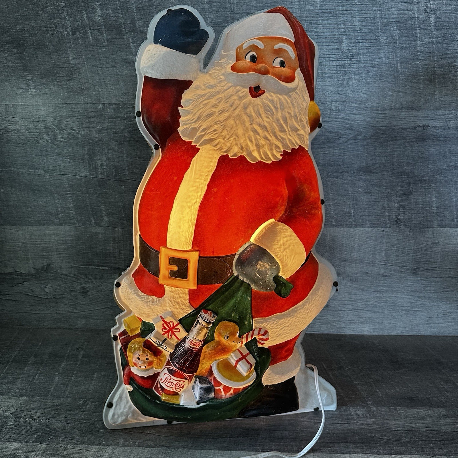 Vintage 1950s Pepsi-Cola Santa Lighted Advertising Sign Celluloid Xmas Decor Ad