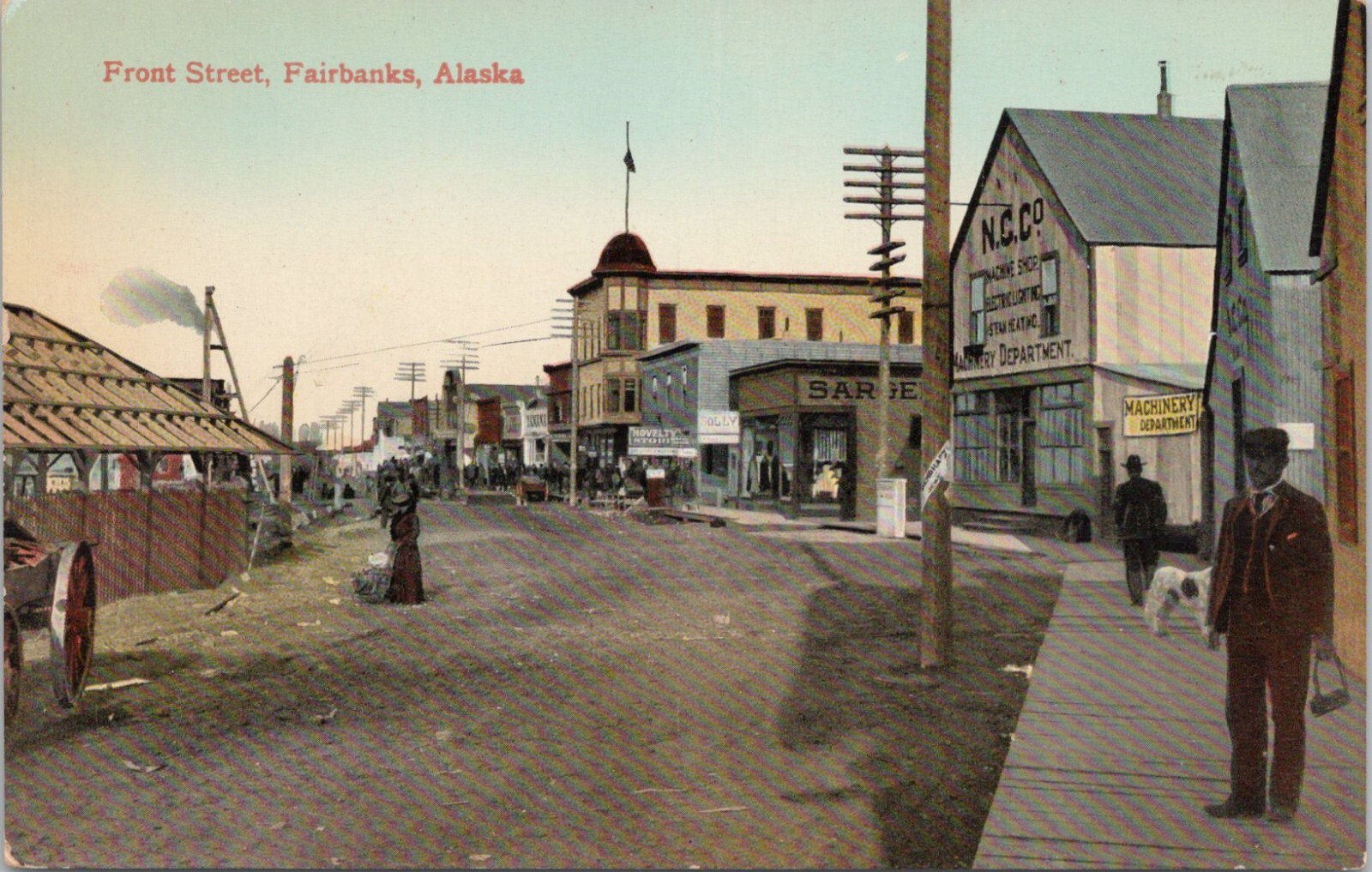 Lithograph -- Fairbanks Alaska Busy Street Scene on Front Street early 1900s