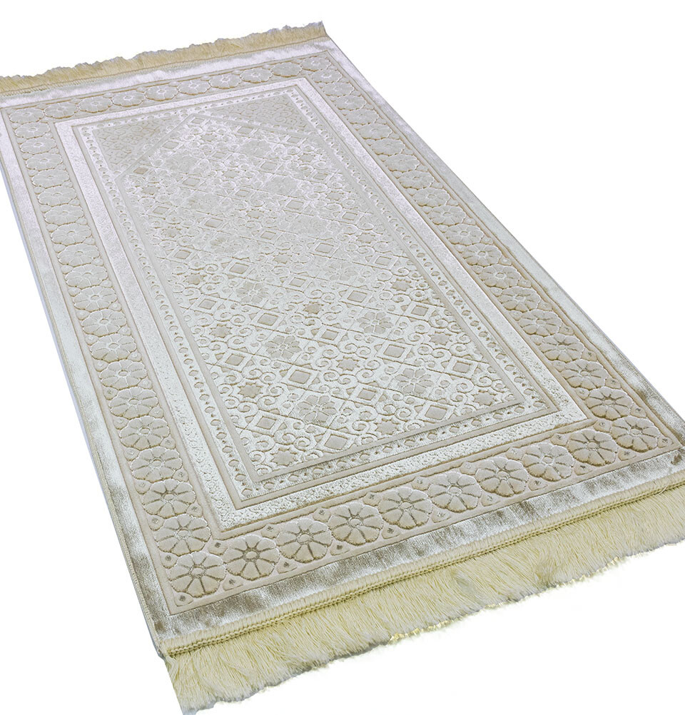 Modefa Luxury Velvet Prayer Rug Janamaz Sajadah Floral Stamp Luxury Ivory