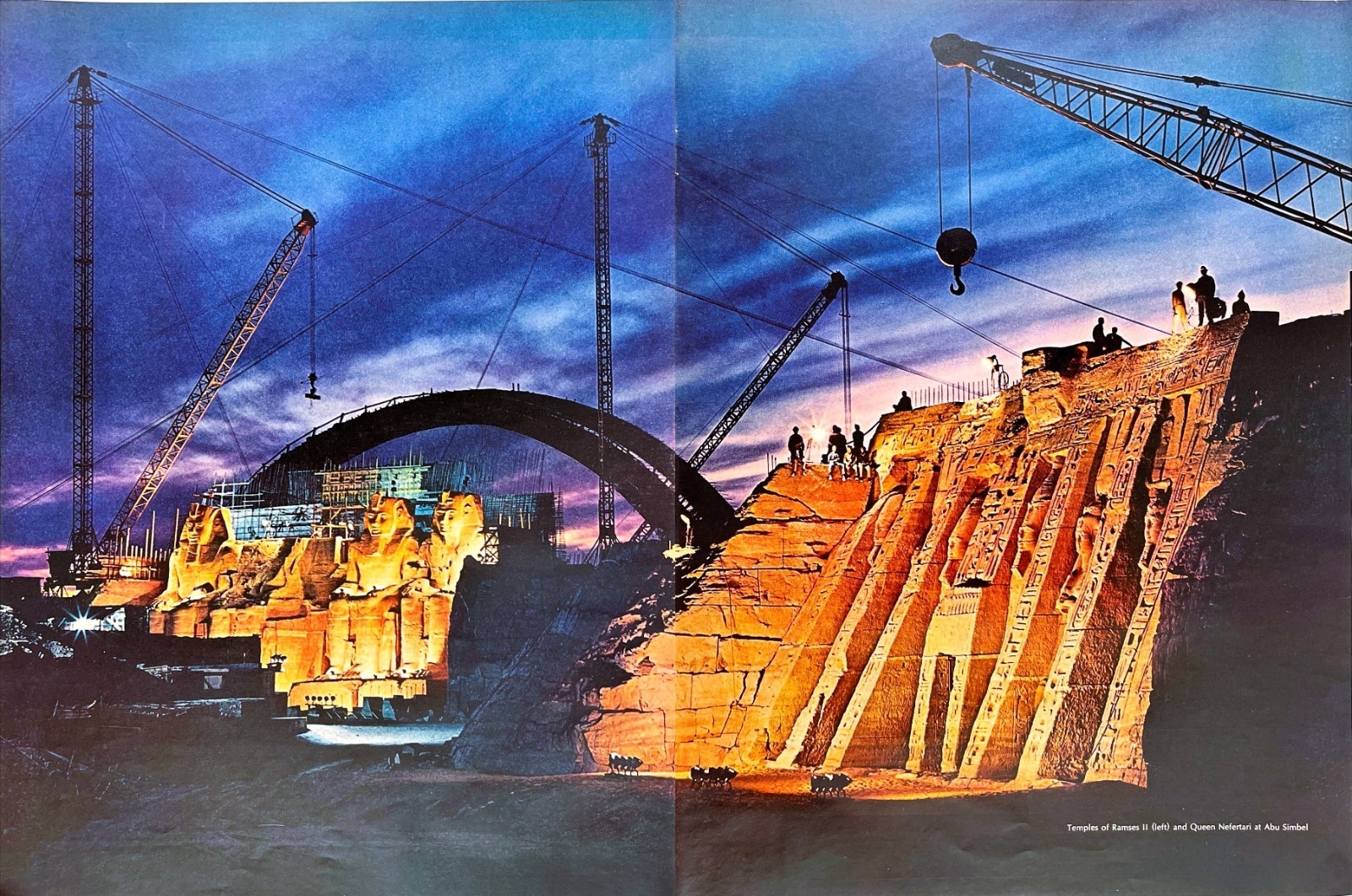 Evening Egyptian View Abu Simbel Temple Cranes UNESCO Project Vtg 1968 Mag Image
