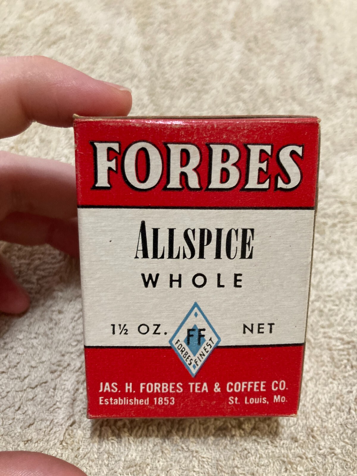 VTG. Forbes Whole Allspice Box Paper Box 1 1/2 oz net.