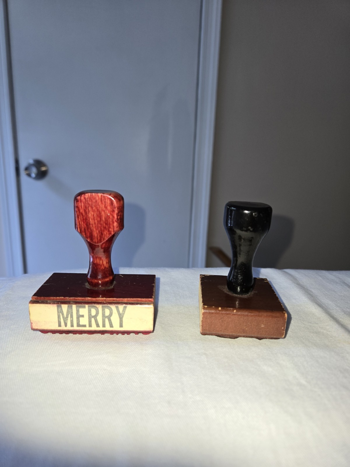 Vintage Wooden Rubber Office Ink Stamps Stampers Lot of 2 Merry Christmas 