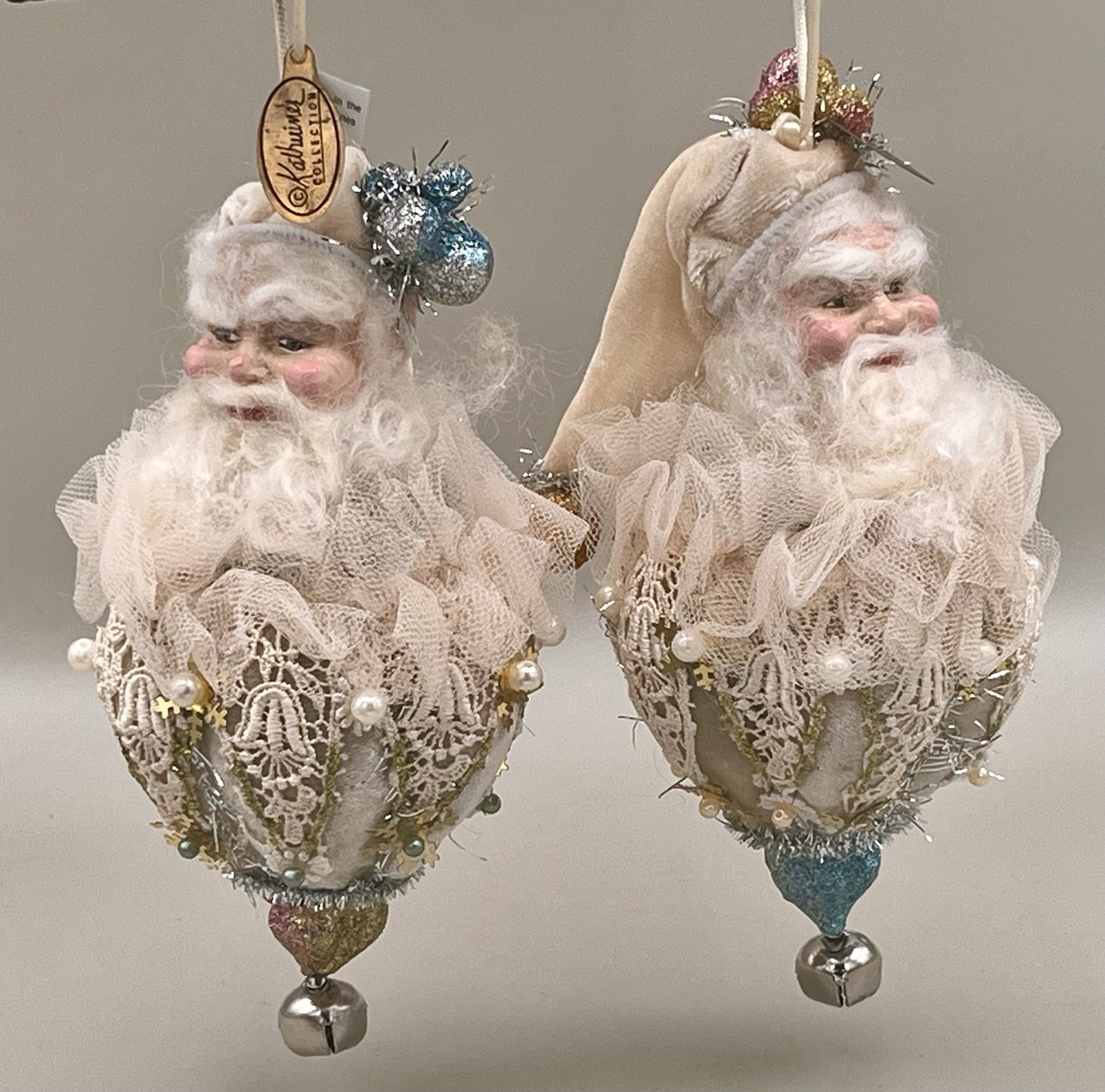 Vintage KATHERINE'S COLLECTION Santa Ornament Christmas Jester Style Set Of 2