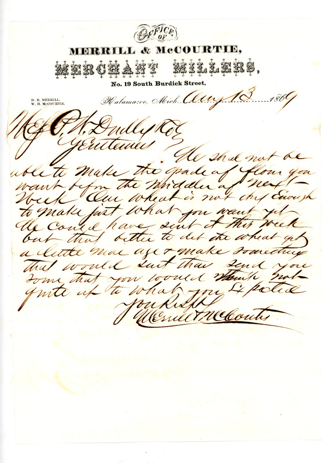 1869 Merrill & McCourtie Merchant Millers Letter Kalamazoo, Michigan Flour