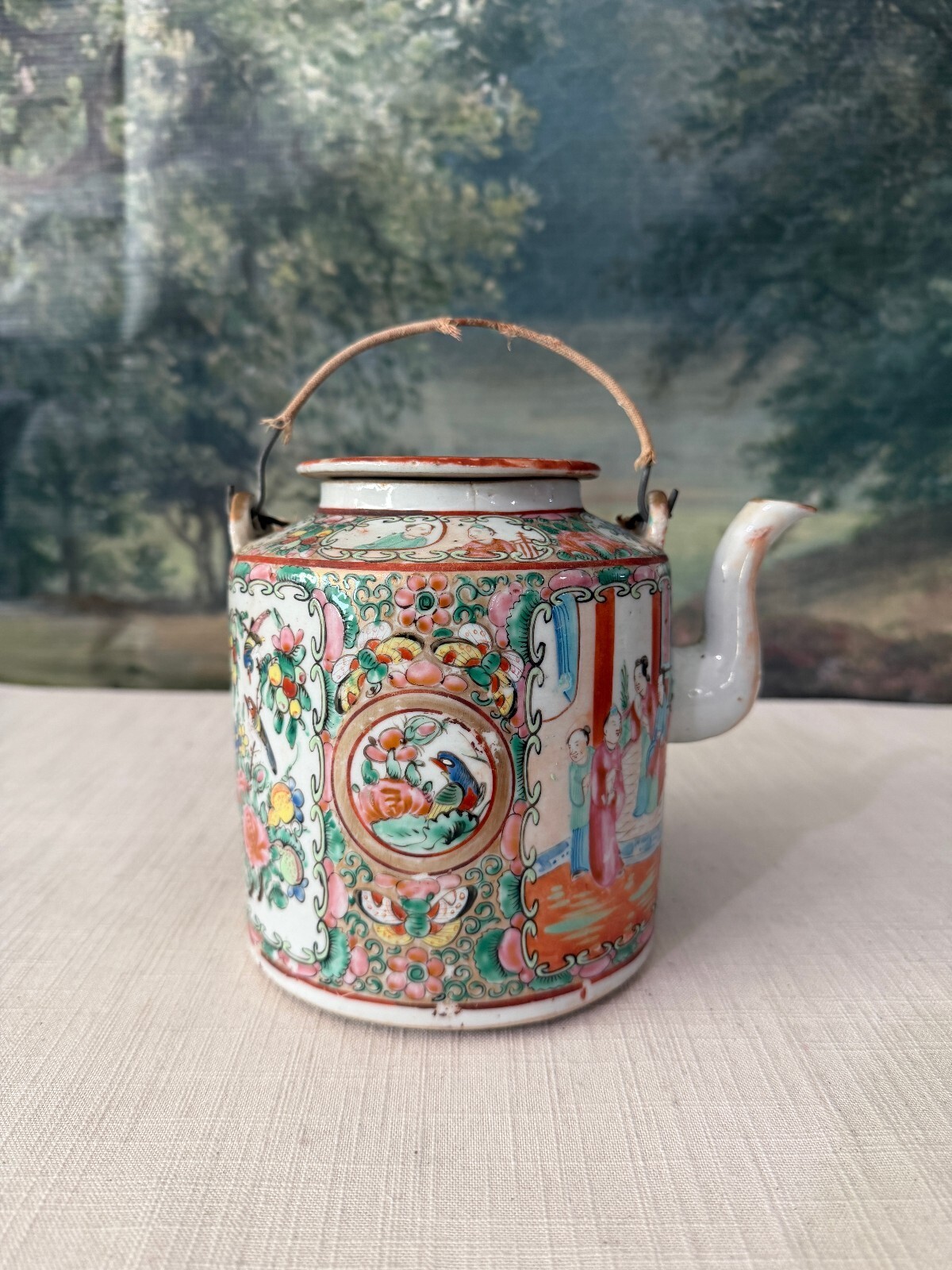 Vintage Chinese Enamel Teapot with Handle