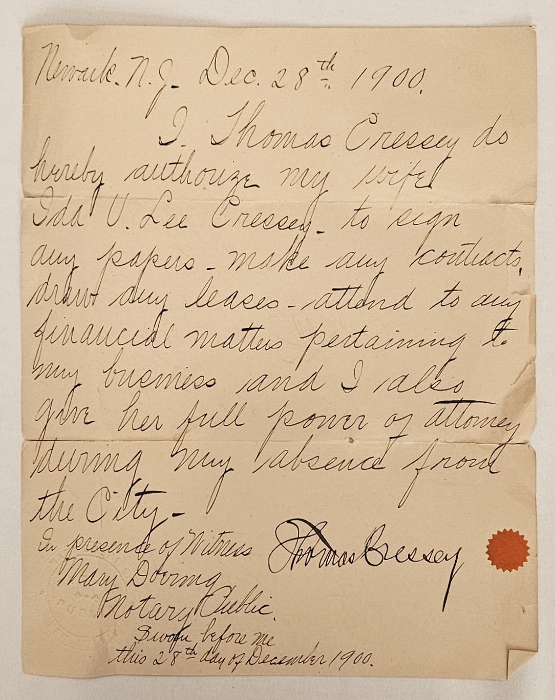 1900 Thomas Cressey Newark Architect Signed Power of Attorney Manuscript