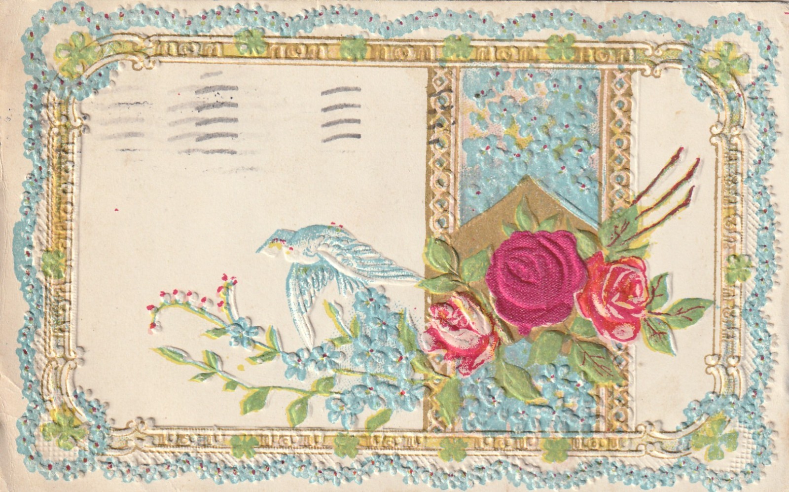 Antique Embossed Floral Roses Greetings Postcard Blue Border A8314