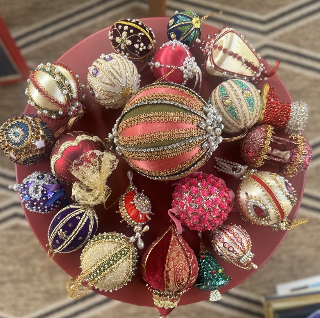 21 Vtg Handmade Push Pin Satin Beaded Christmas Sequin Ornament Lot MCM 60s 70s